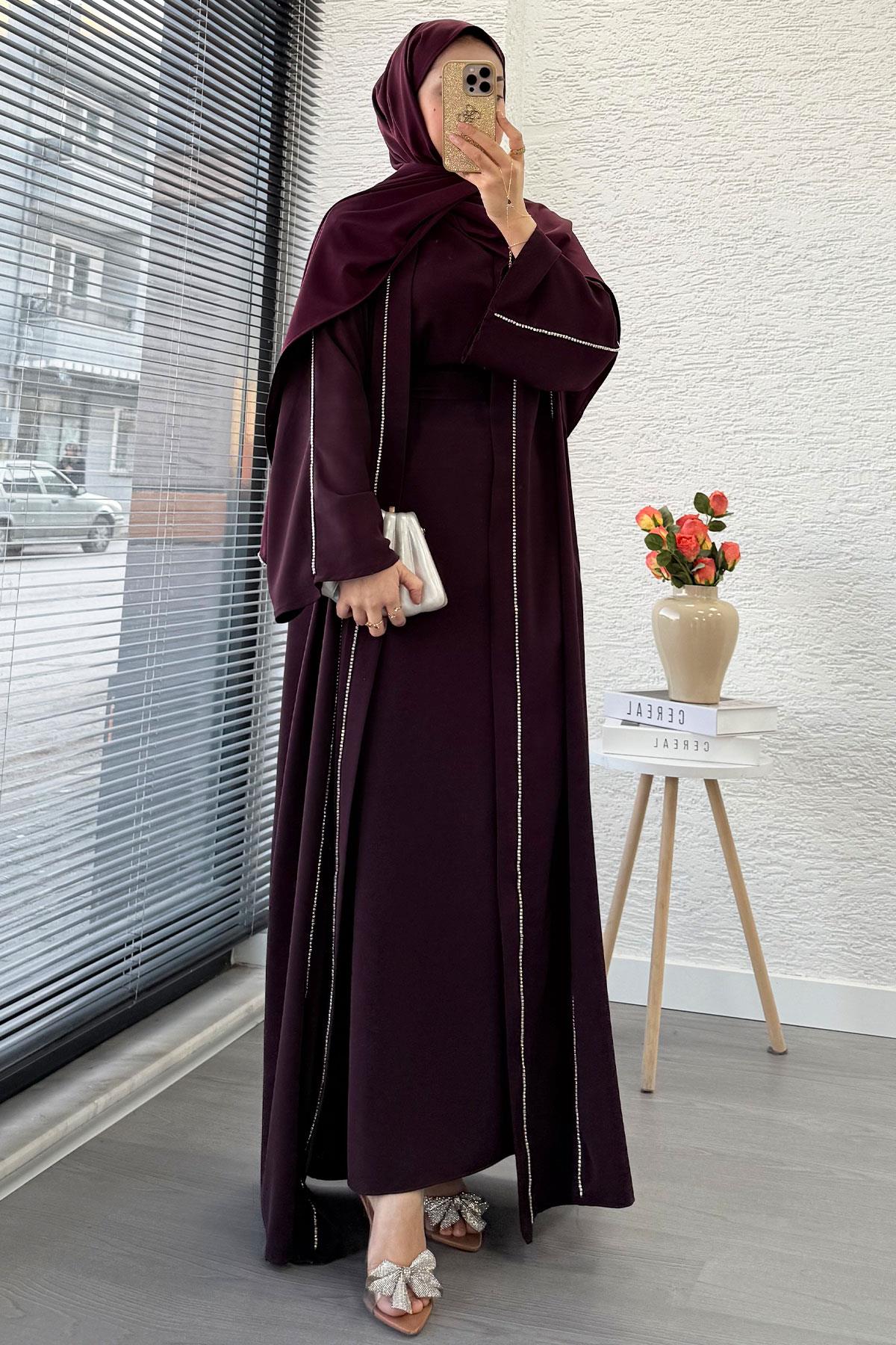 Taş Şerit Detaylı İkili Abaya Takım –Mürdüm