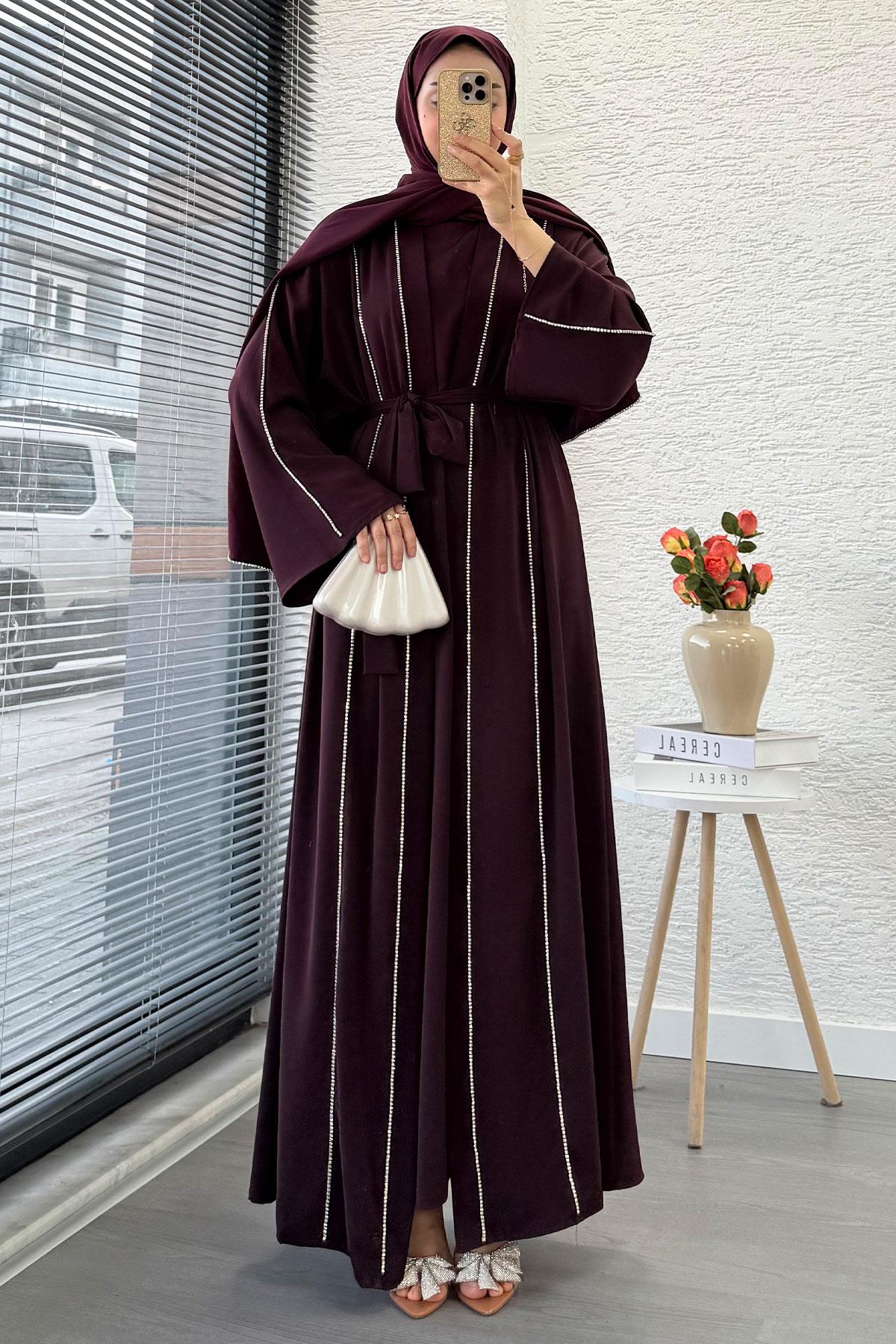 Taş Şerit Detaylı İkili Abaya Takım –Mürdüm