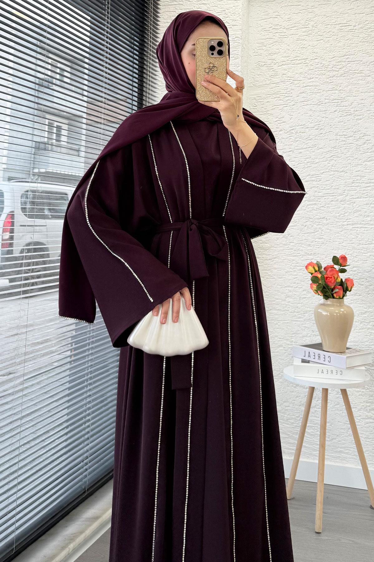 Taş Şerit Detaylı İkili Abaya Takım –Mürdüm