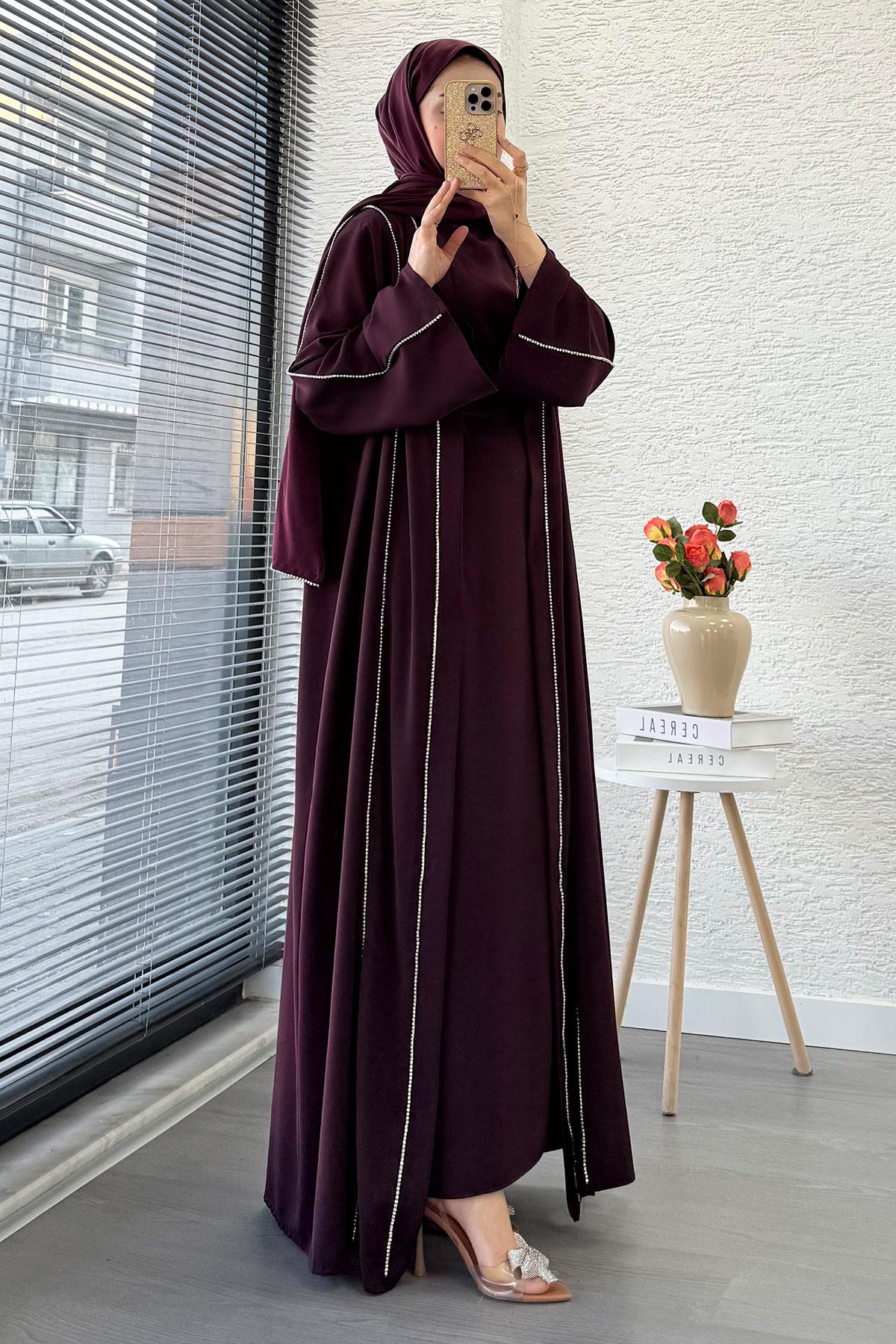 Taş Şerit Detaylı İkili Abaya Takım –Mürdüm