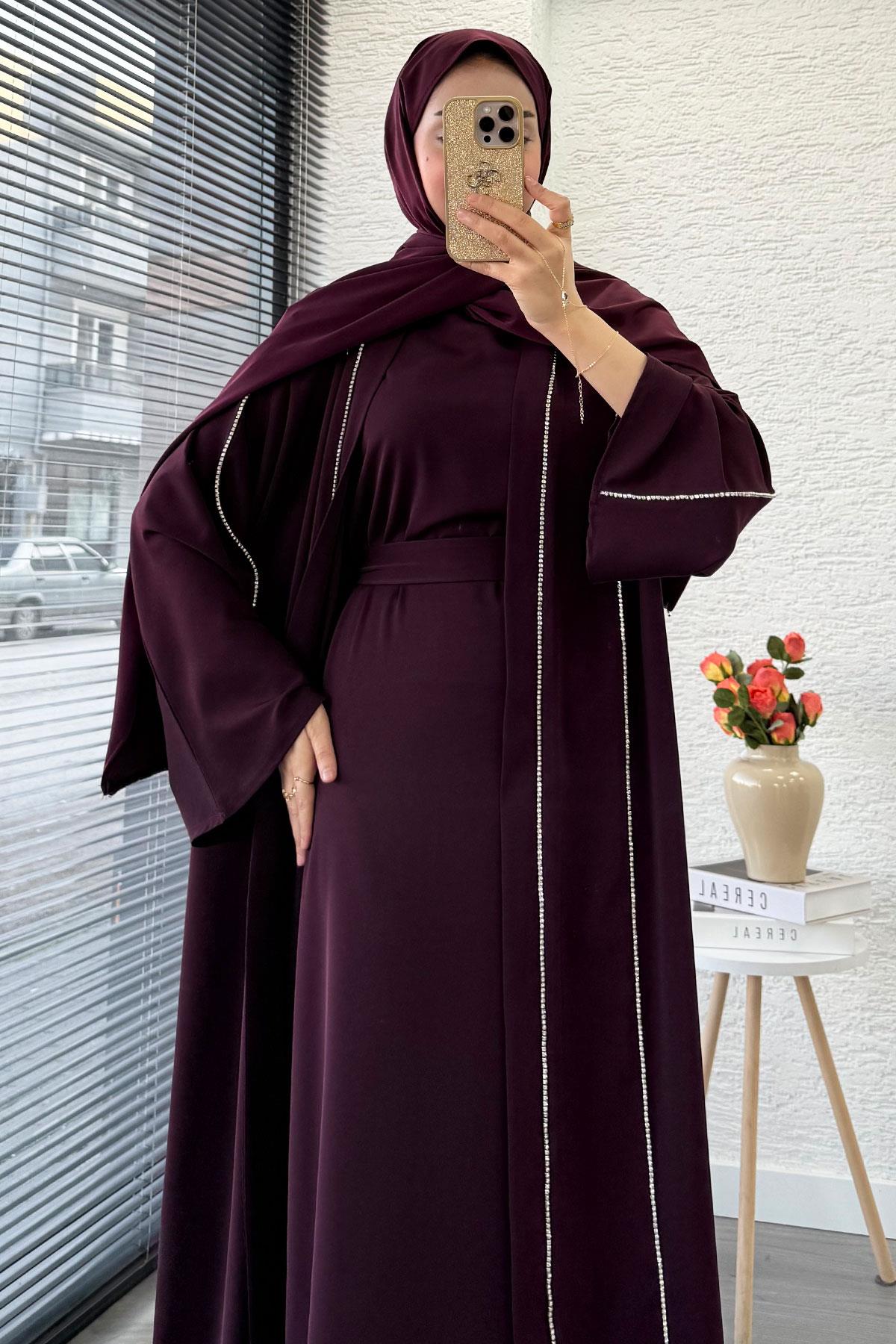 Taş Şerit Detaylı İkili Abaya Takım –Mürdüm