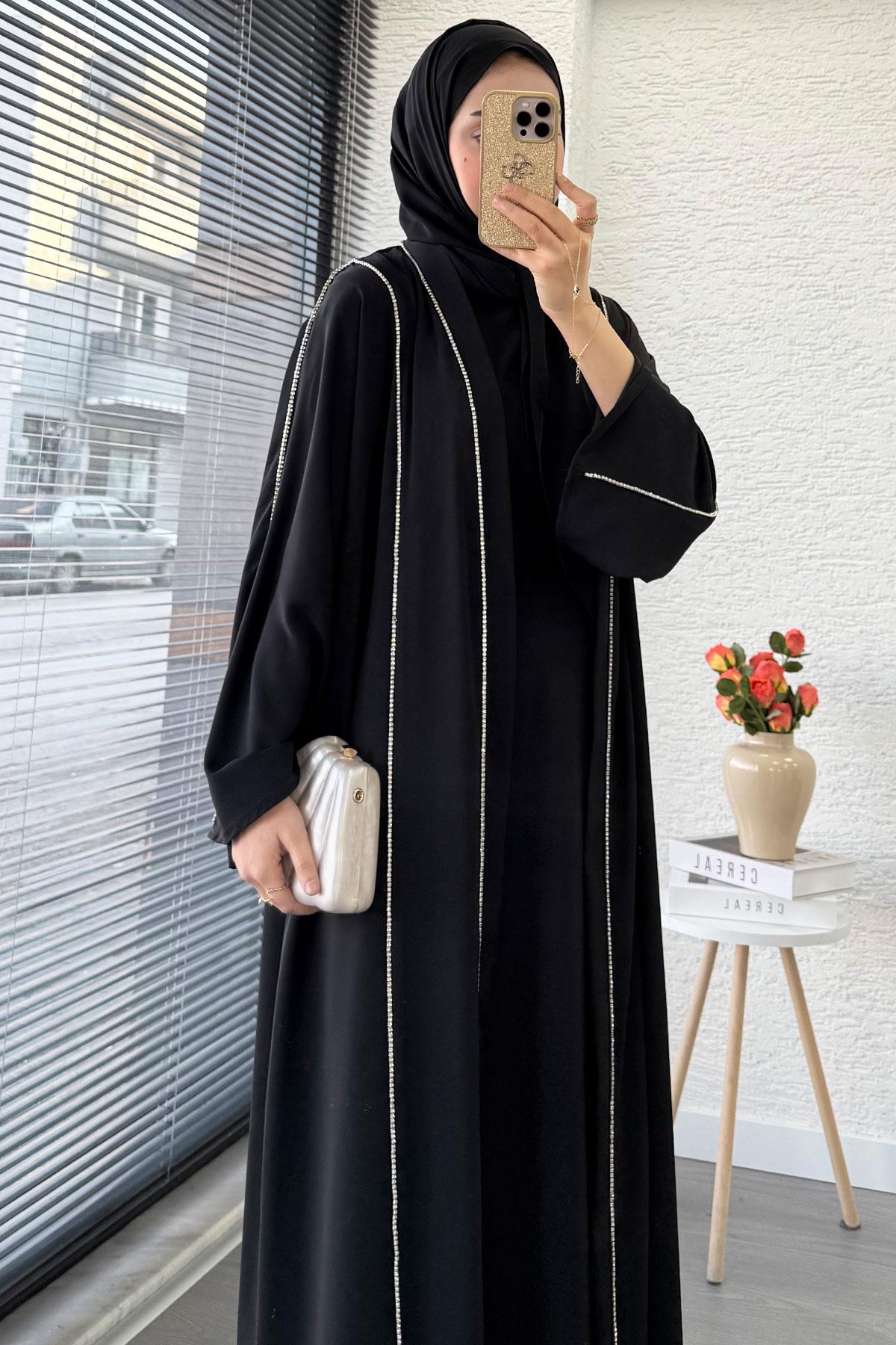 Taş Şerit Detaylı İkili Abaya Takım –Siyah