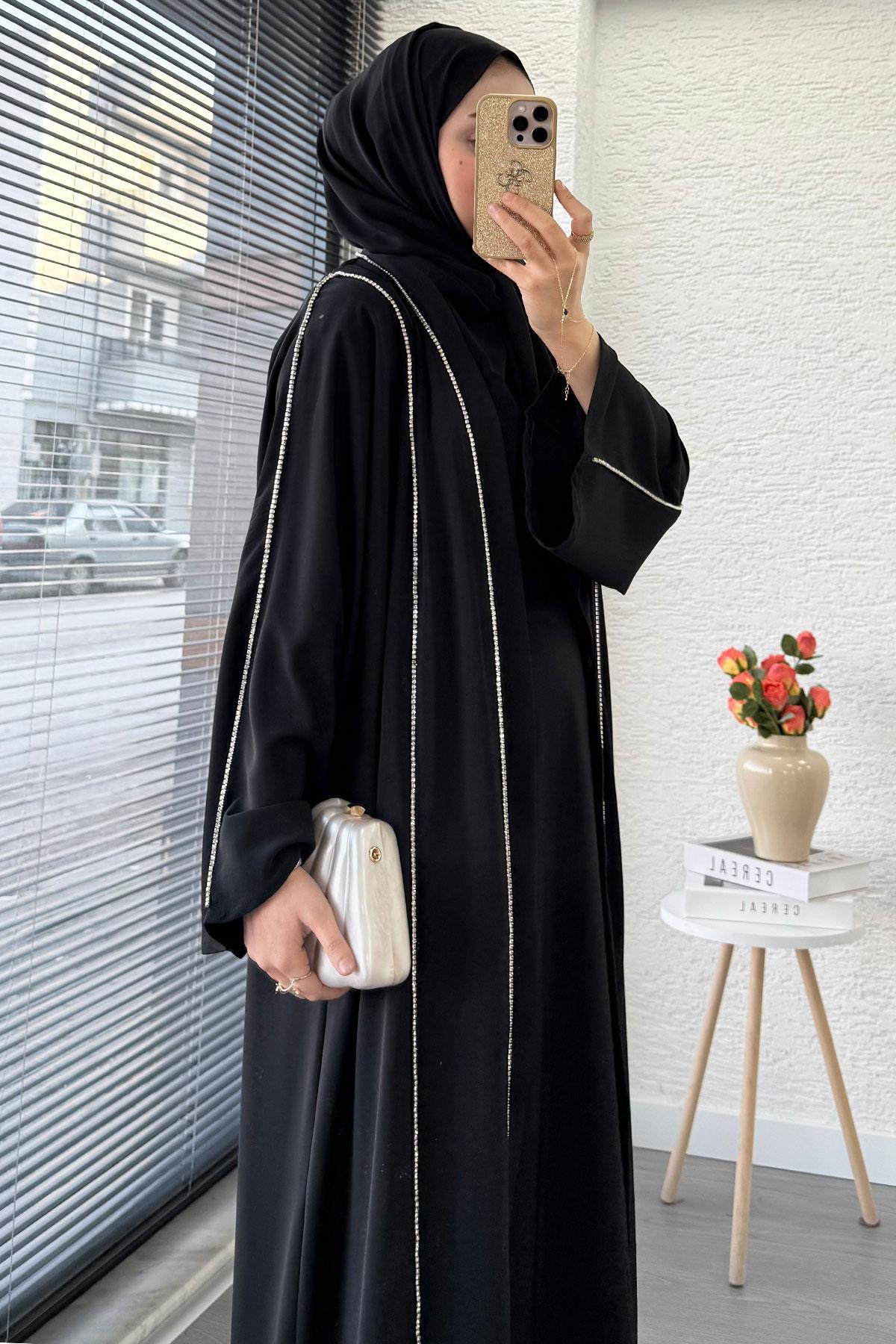 Taş Şerit Detaylı İkili Abaya Takım –Siyah