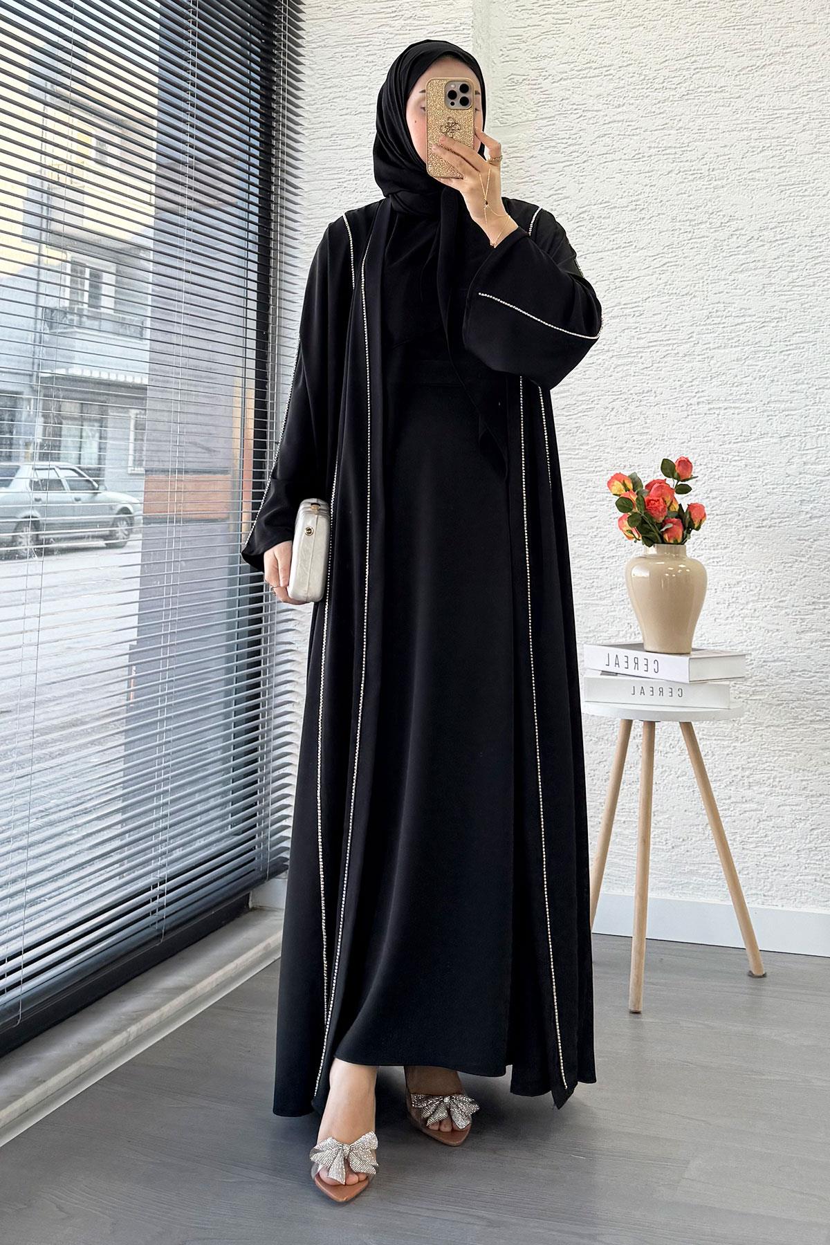 Taş Şerit Detaylı İkili Abaya Takım –Siyah