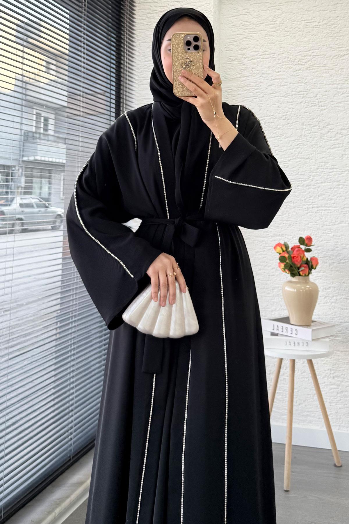 Taş Şerit Detaylı İkili Abaya Takım –Siyah
