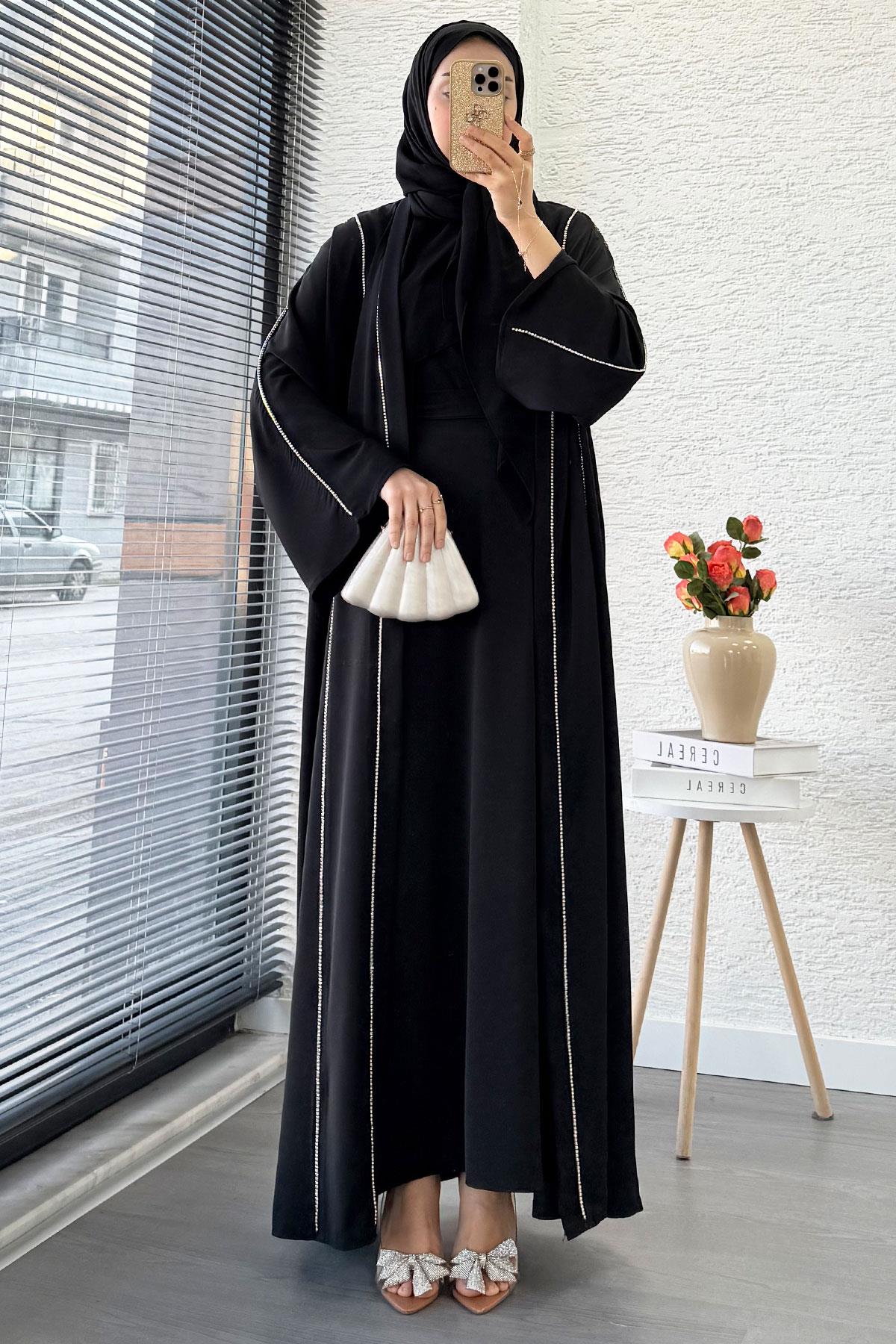 Taş Şerit Detaylı İkili Abaya Takım –Siyah