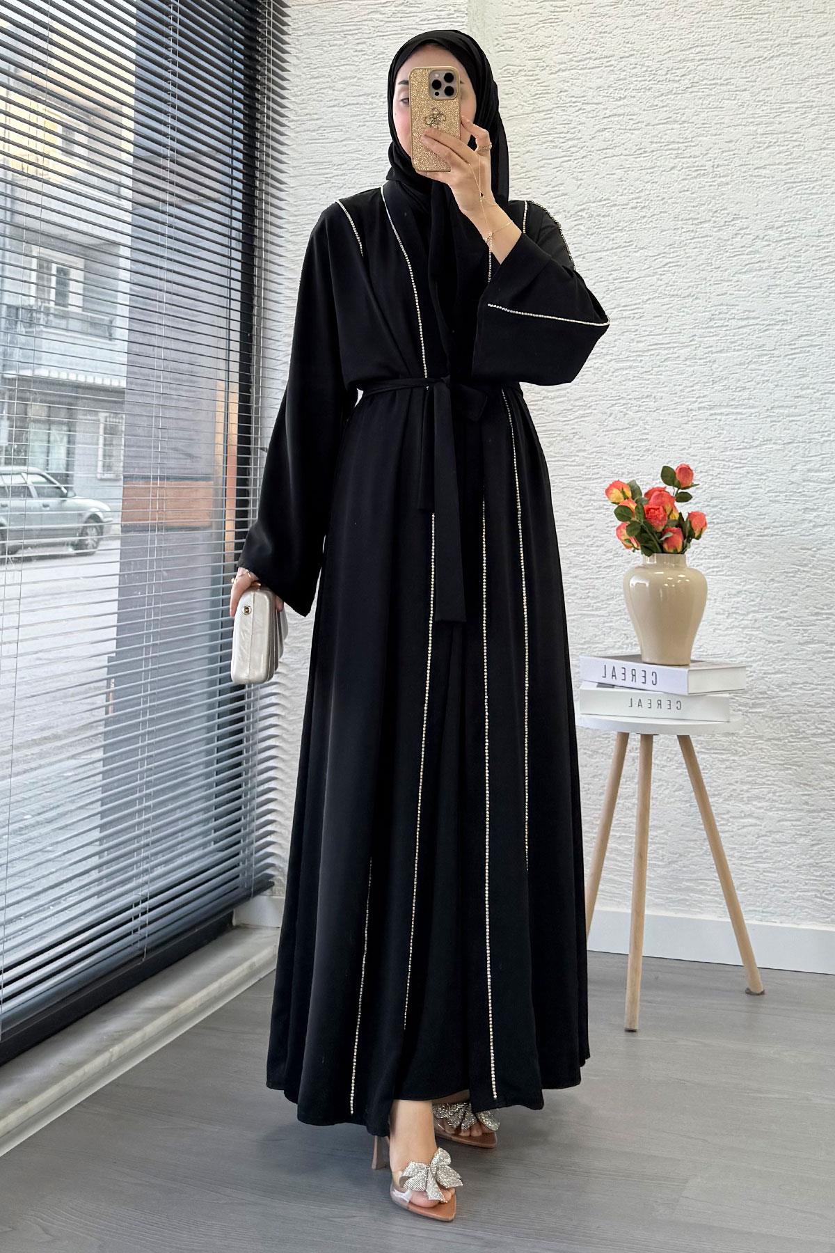 Taş Şerit Detaylı İkili Abaya Takım –Siyah