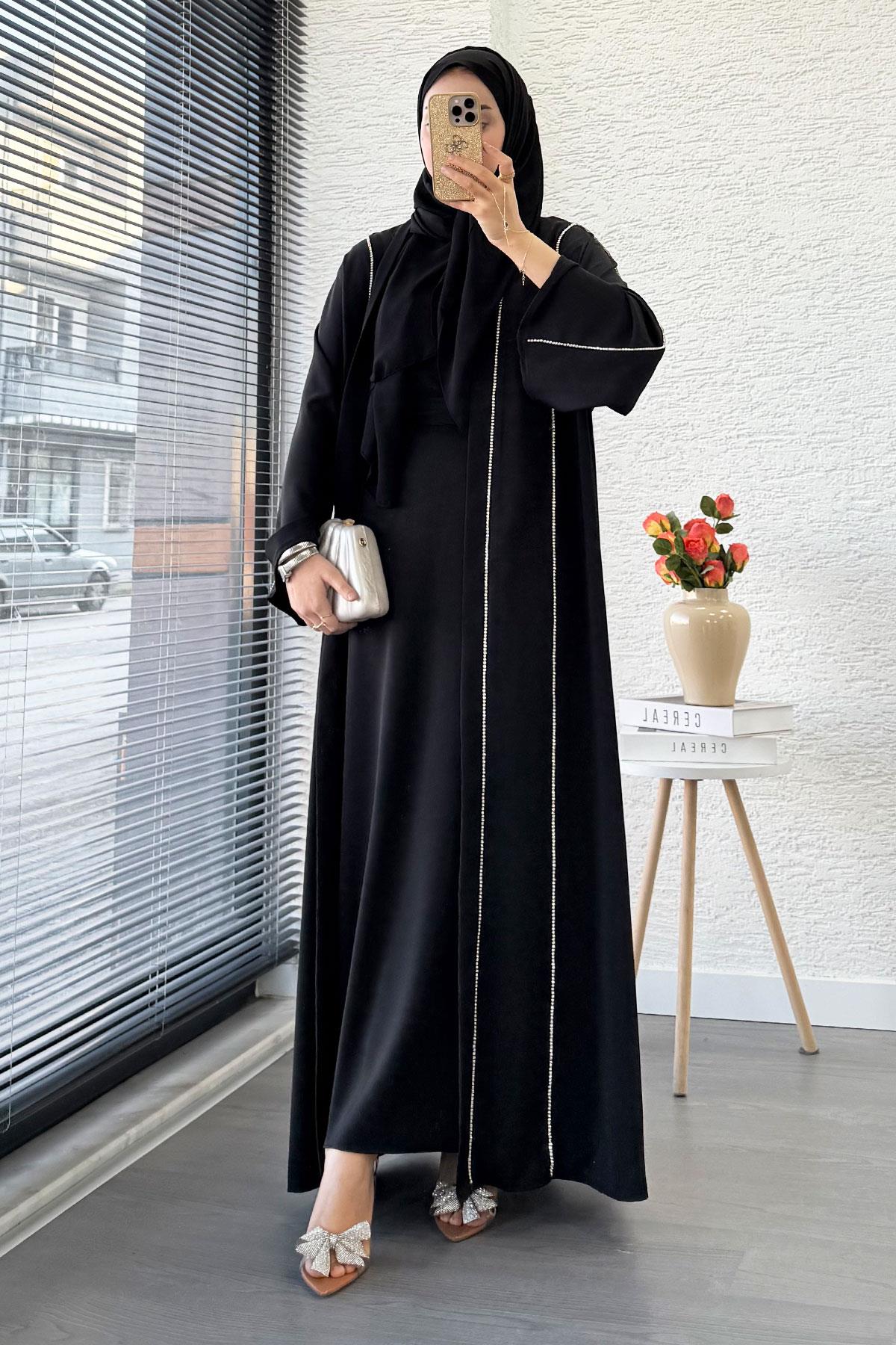 Taş Şerit Detaylı İkili Abaya Takım –Siyah
