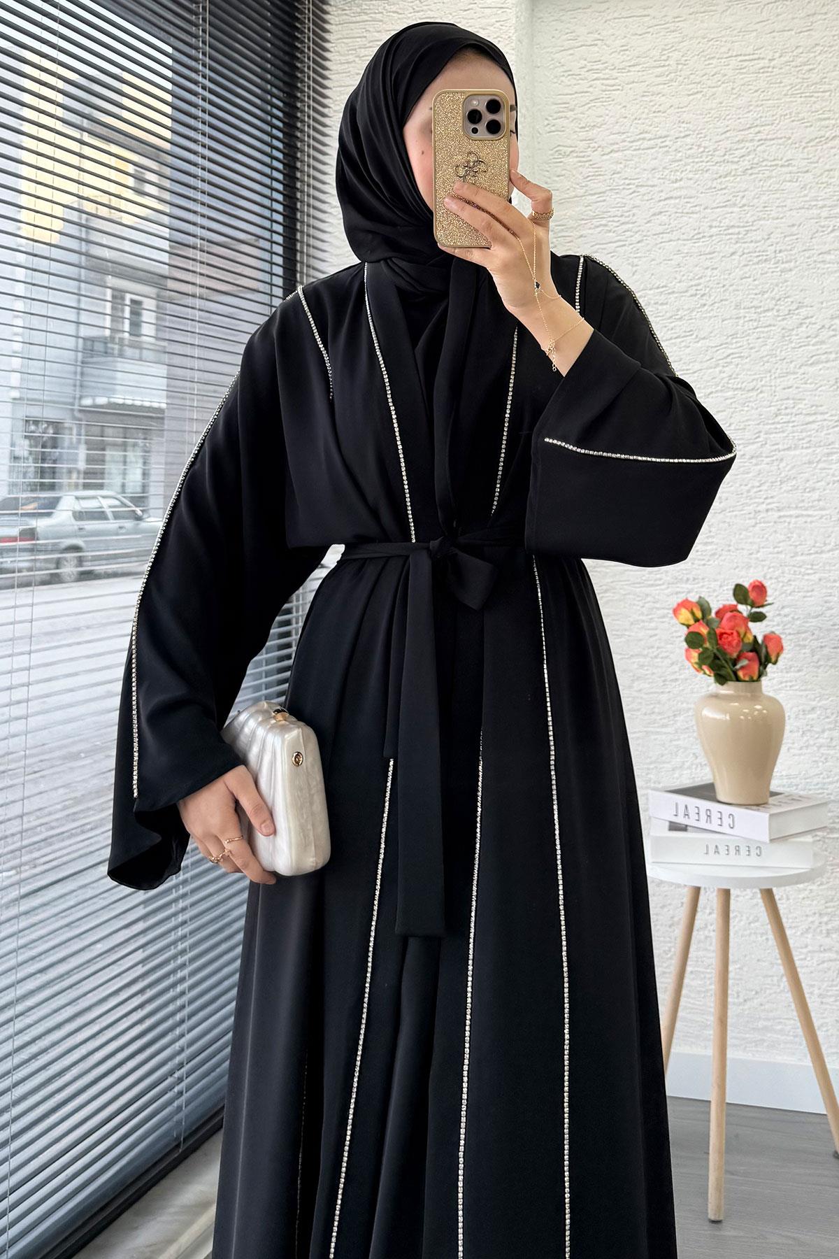 Taş Şerit Detaylı İkili Abaya Takım –Siyah