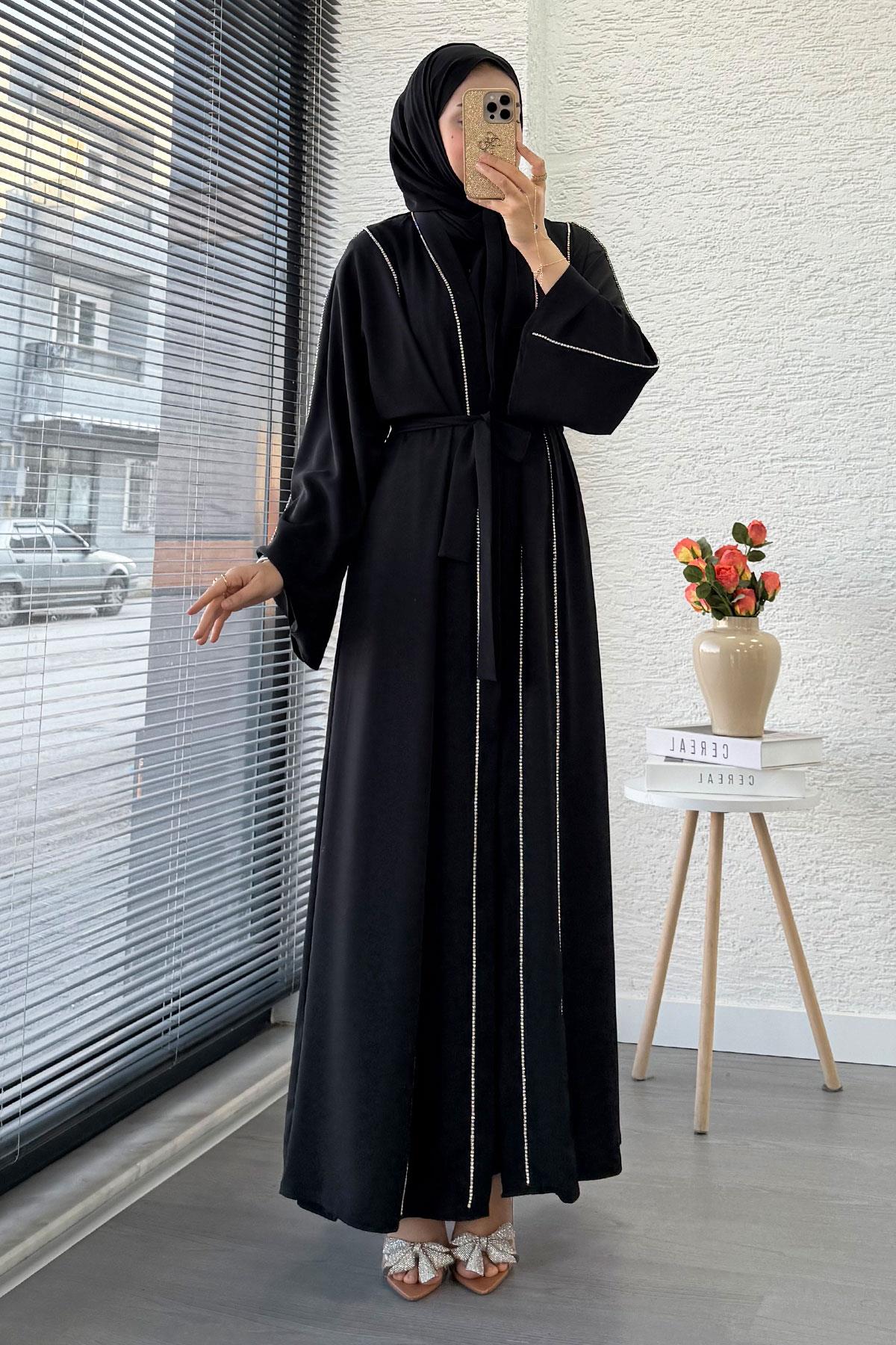 Taş Şerit Detaylı İkili Abaya Takım –Siyah