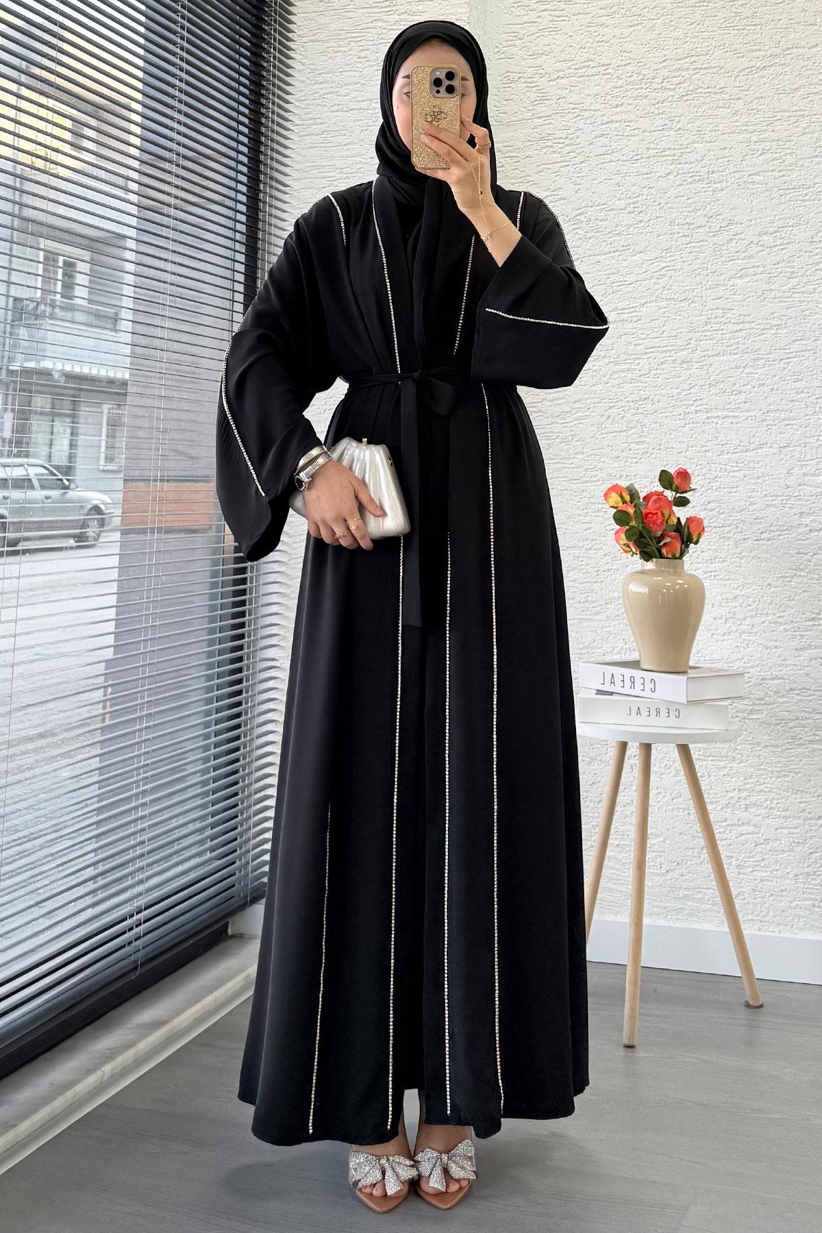 Taş Şerit Detaylı İkili Abaya Takım –Siyah
