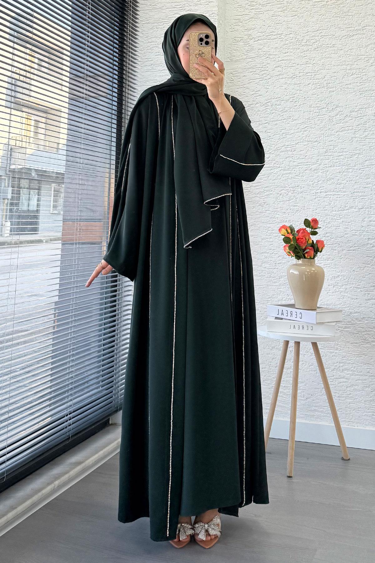 Taş Şerit Detaylı İkili Abaya Takım –Zümrüt
