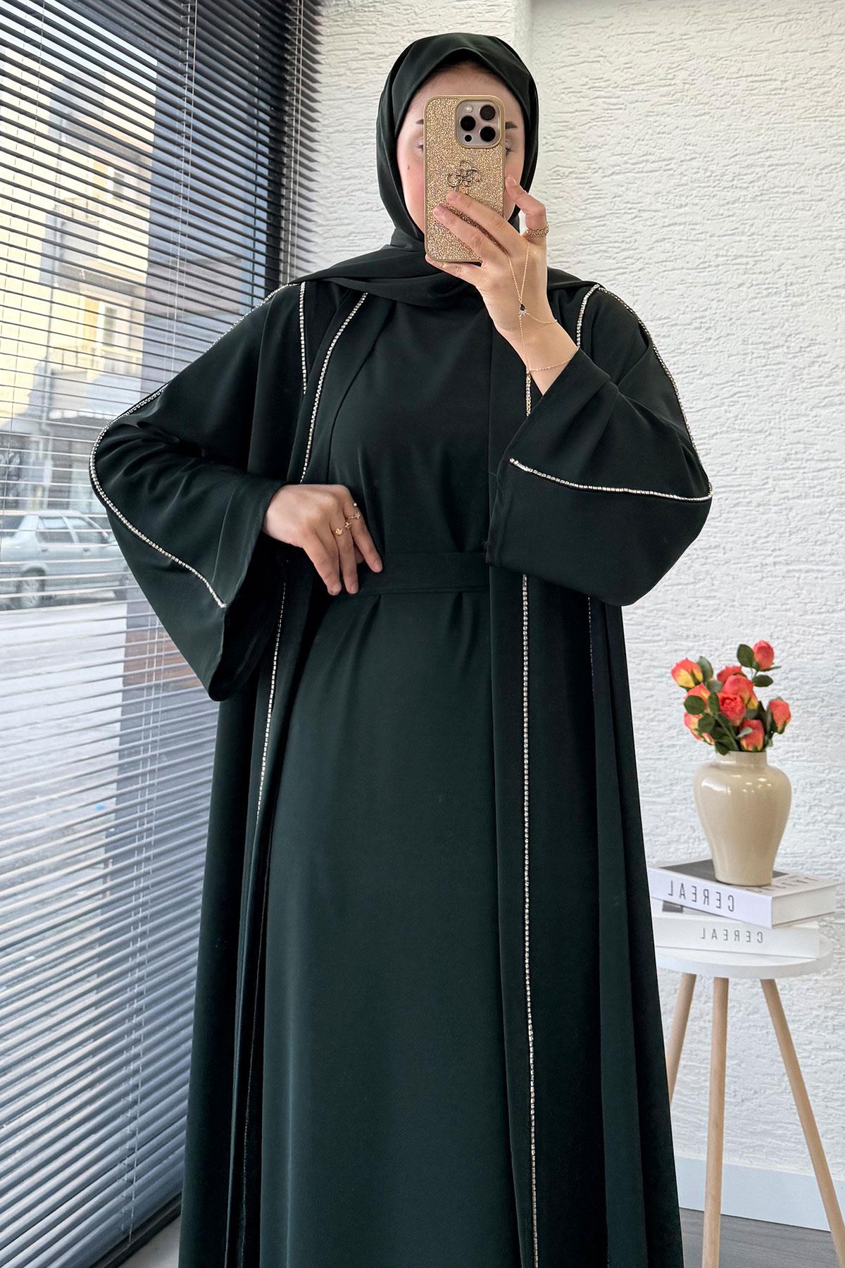 Taş Şerit Detaylı İkili Abaya Takım –Zümrüt