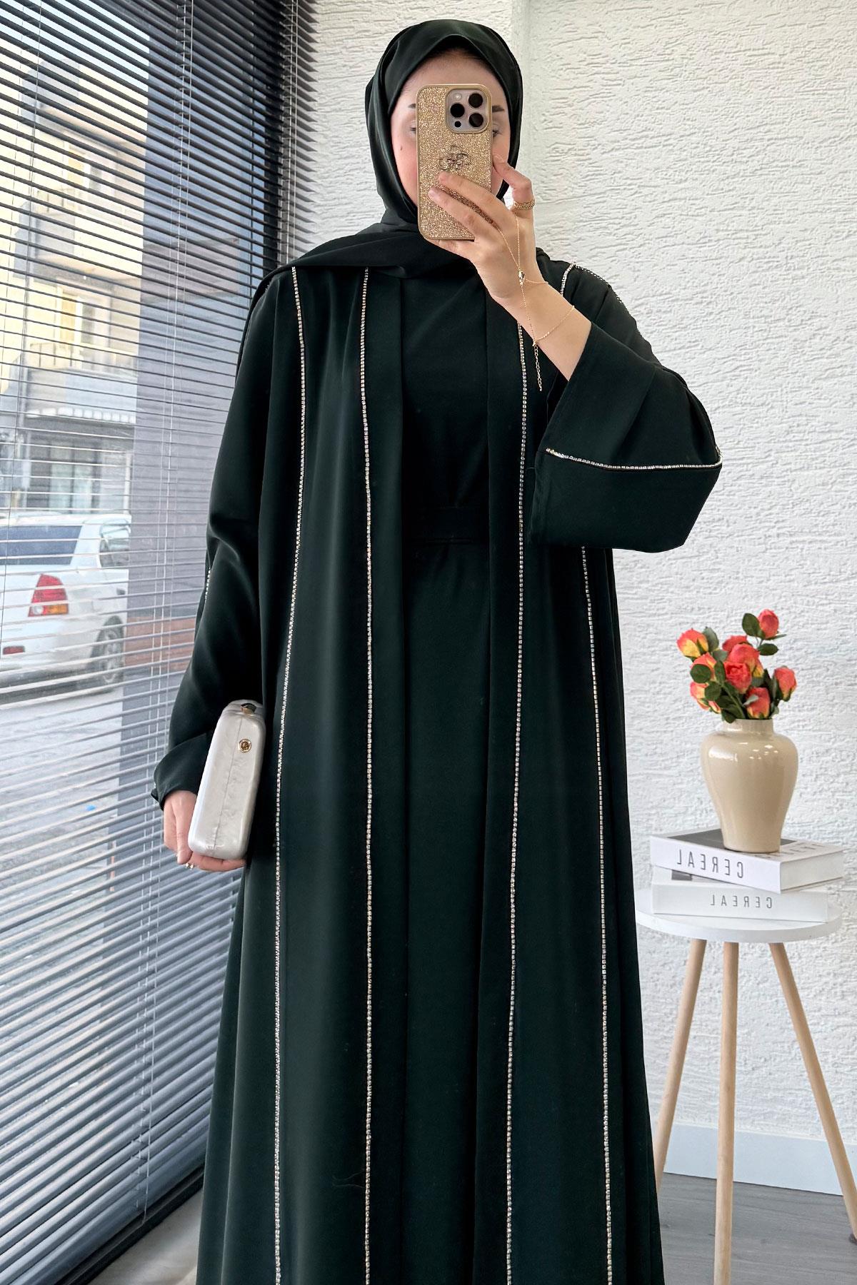 Taş Şerit Detaylı İkili Abaya Takım –Zümrüt