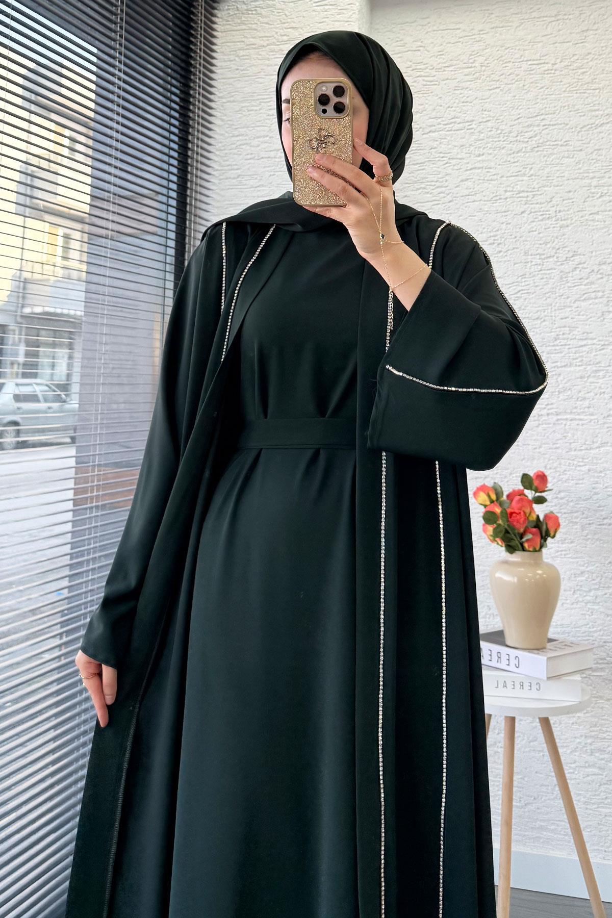 Taş Şerit Detaylı İkili Abaya Takım –Zümrüt