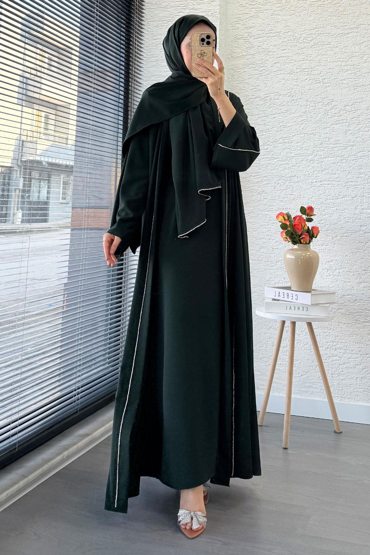 Taş Şerit Detaylı İkili Abaya Takım –Zümrüt