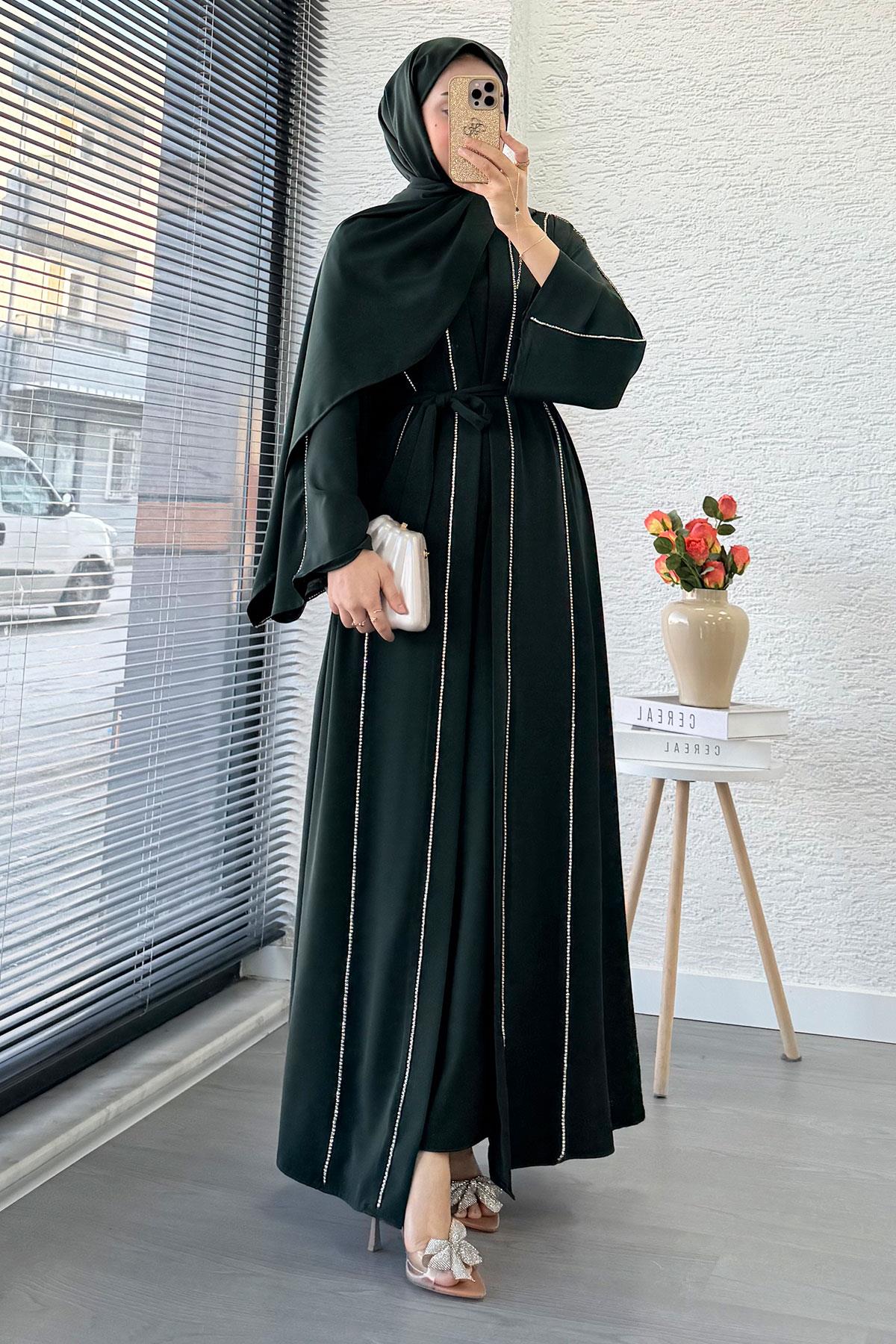 Taş Şerit Detaylı İkili Abaya Takım –Zümrüt
