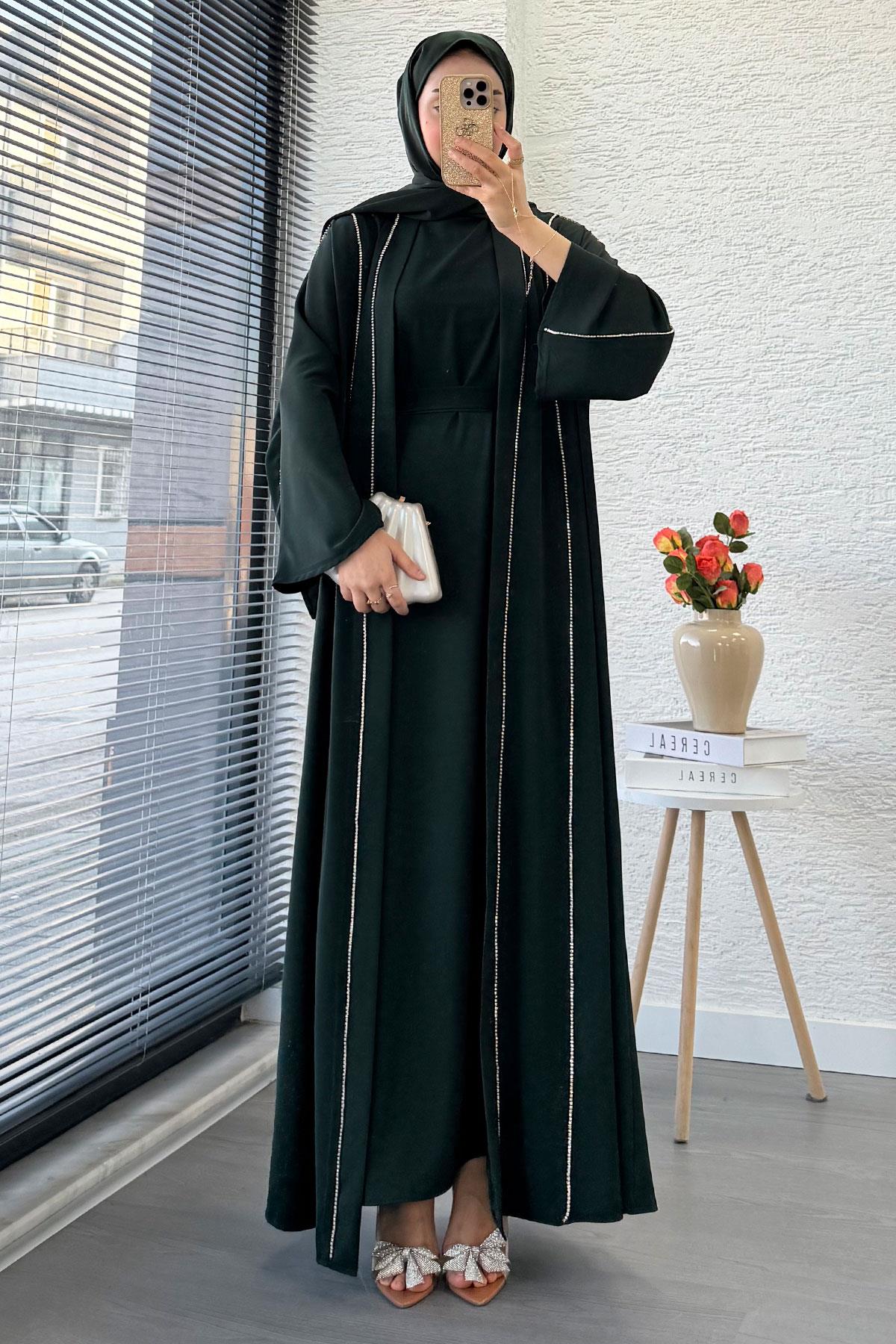 Taş Şerit Detaylı İkili Abaya Takım –Zümrüt