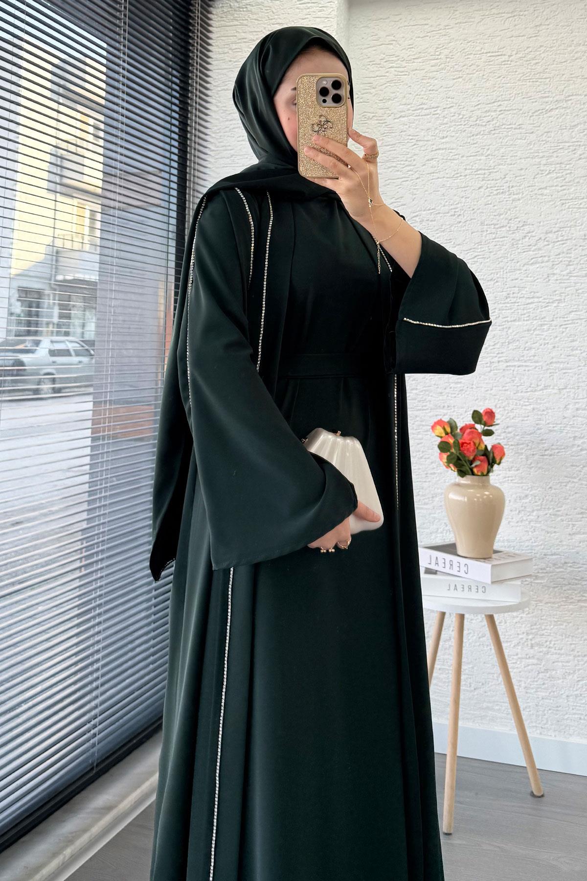 Taş Şerit Detaylı İkili Abaya Takım –Zümrüt