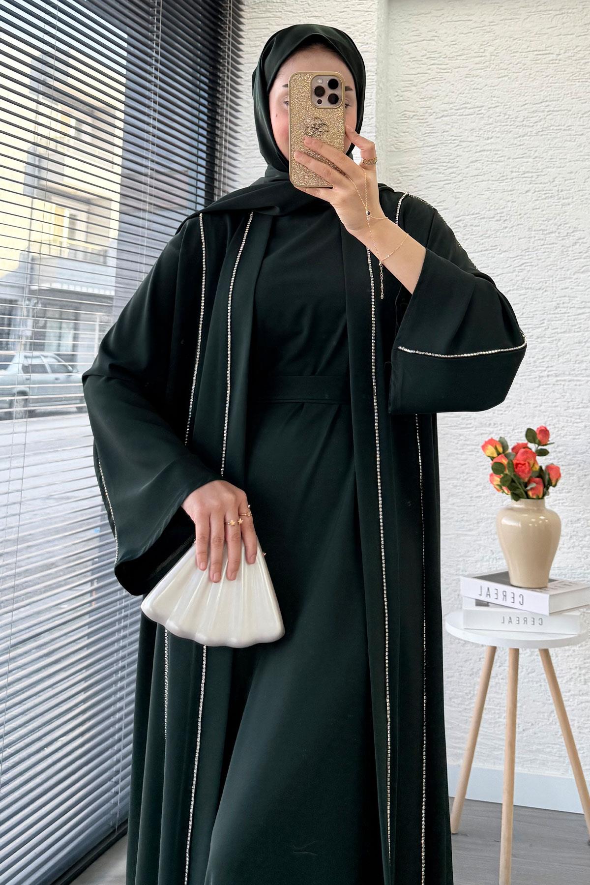 Taş Şerit Detaylı İkili Abaya Takım –Zümrüt