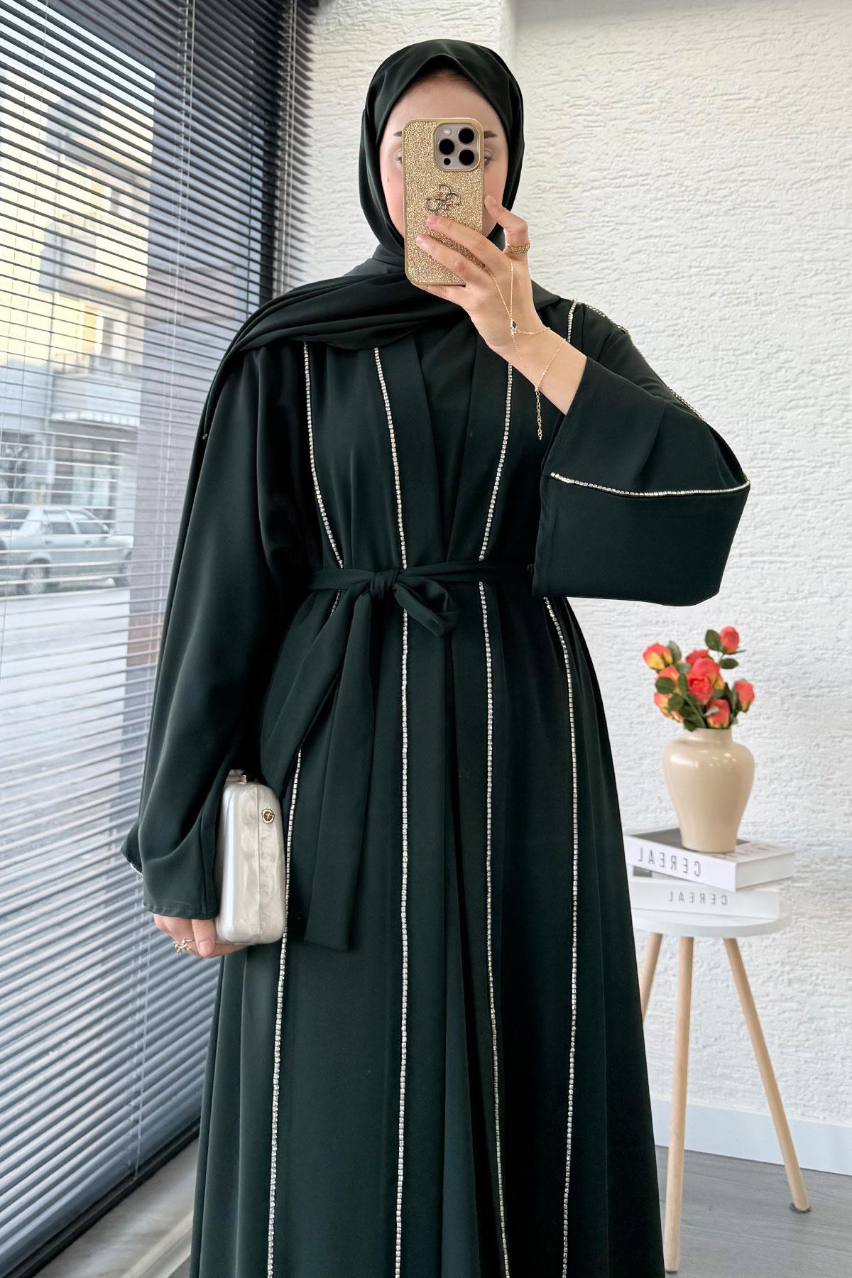 Taş Şerit Detaylı İkili Abaya Takım –Zümrüt