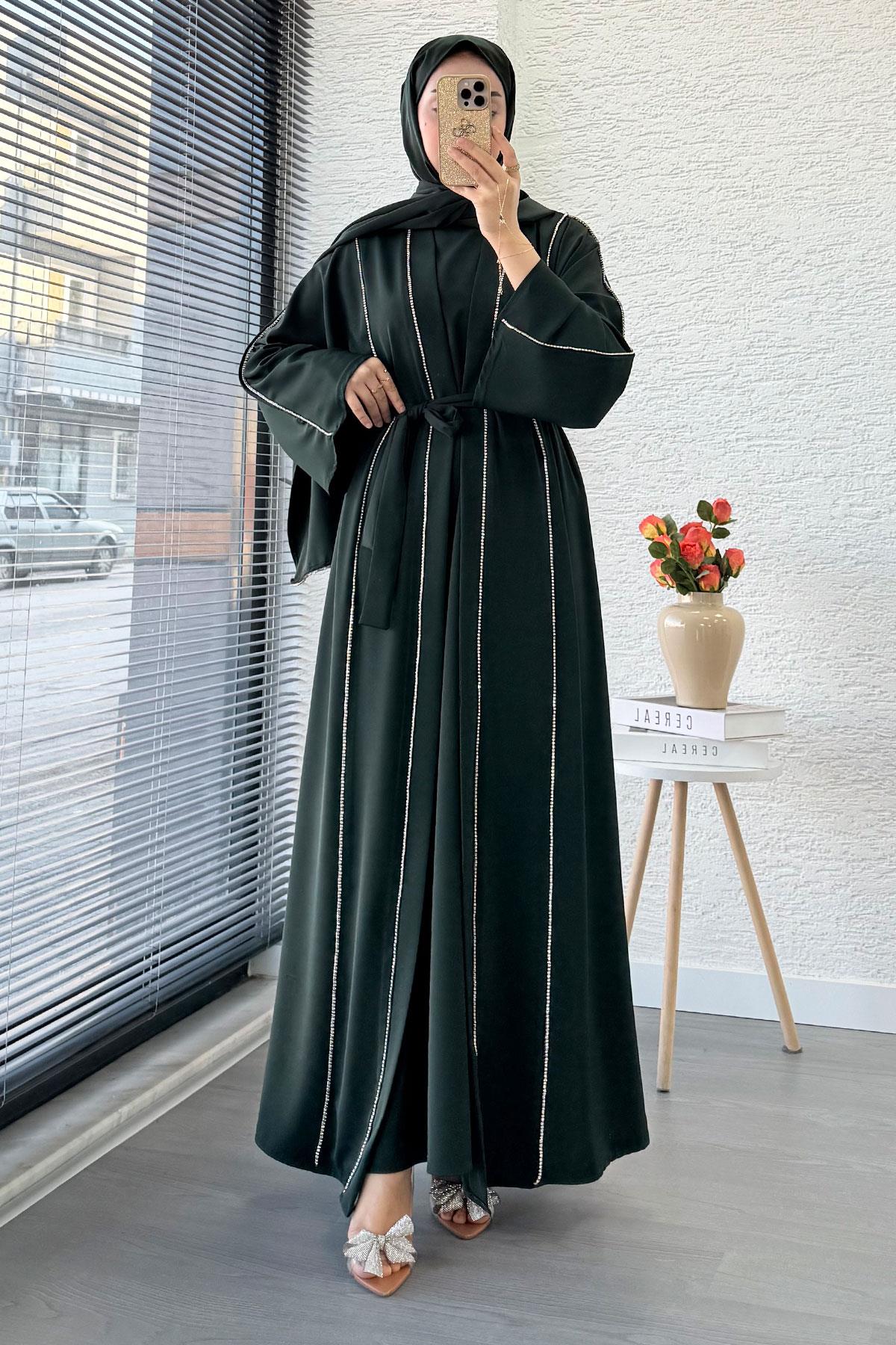 Taş Şerit Detaylı İkili Abaya Takım –Zümrüt
