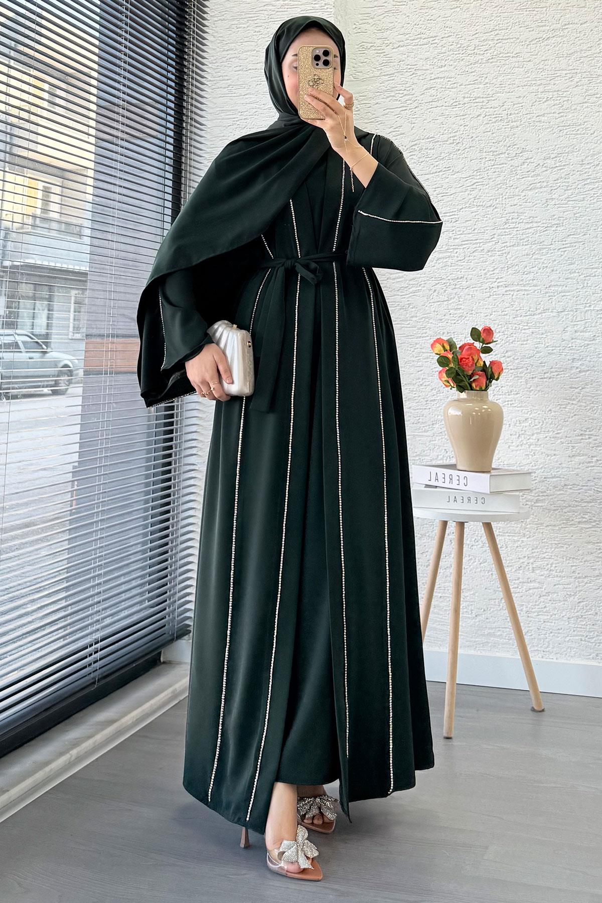 Taş Şerit Detaylı İkili Abaya Takım –Zümrüt