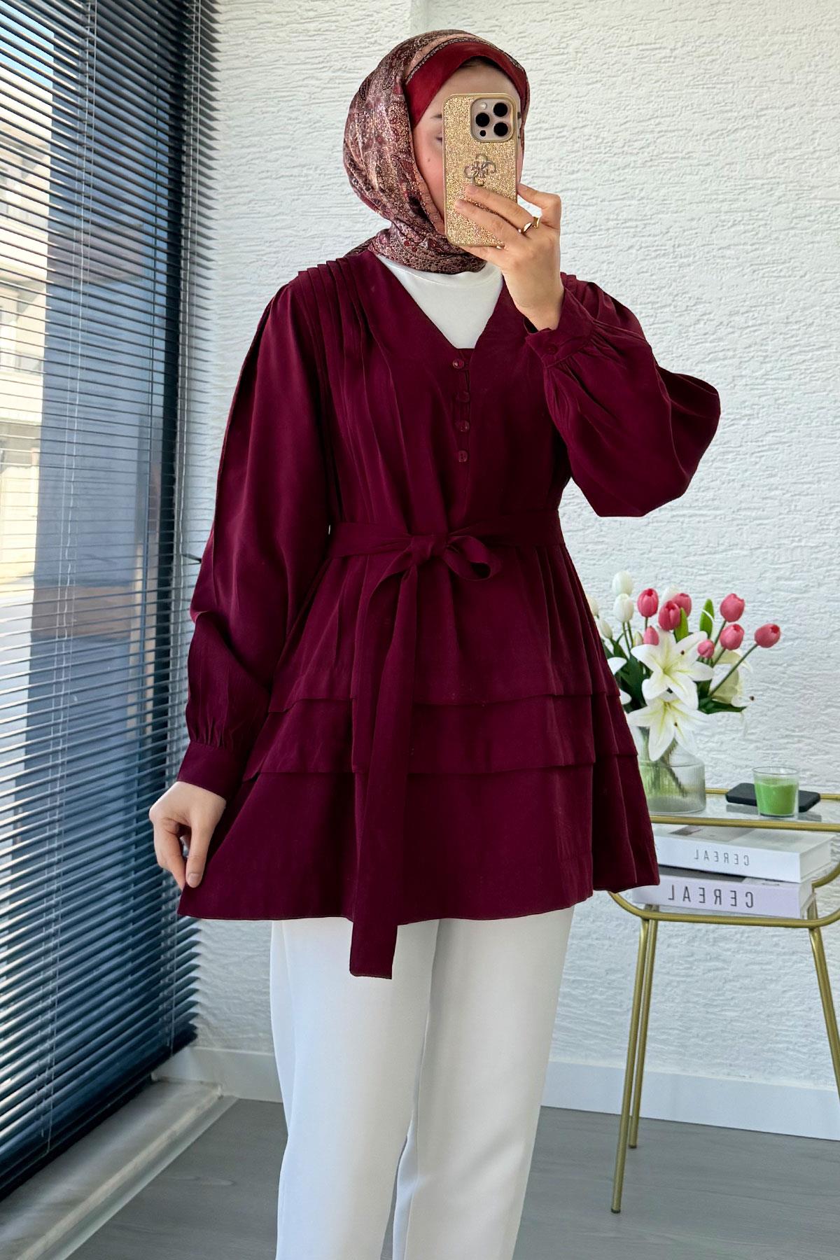 V Yaka Nervür Detaylı Modal Kadın Tunik – Bordo