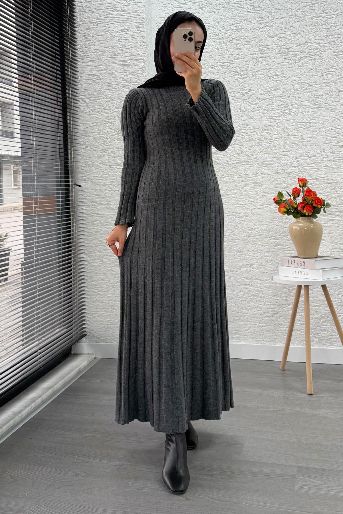 Volan Kesim Fitilli Triko Elbise - Gri