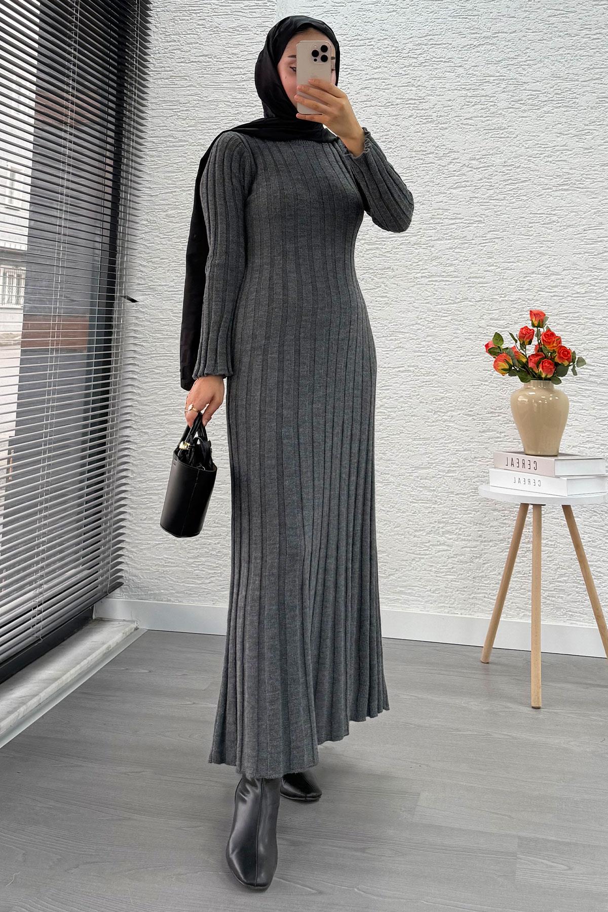 Volan Kesim Fitilli Triko Elbise - Gri