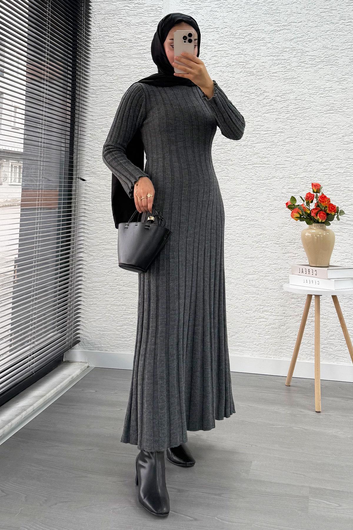 Volan Kesim Fitilli Triko Elbise - Gri