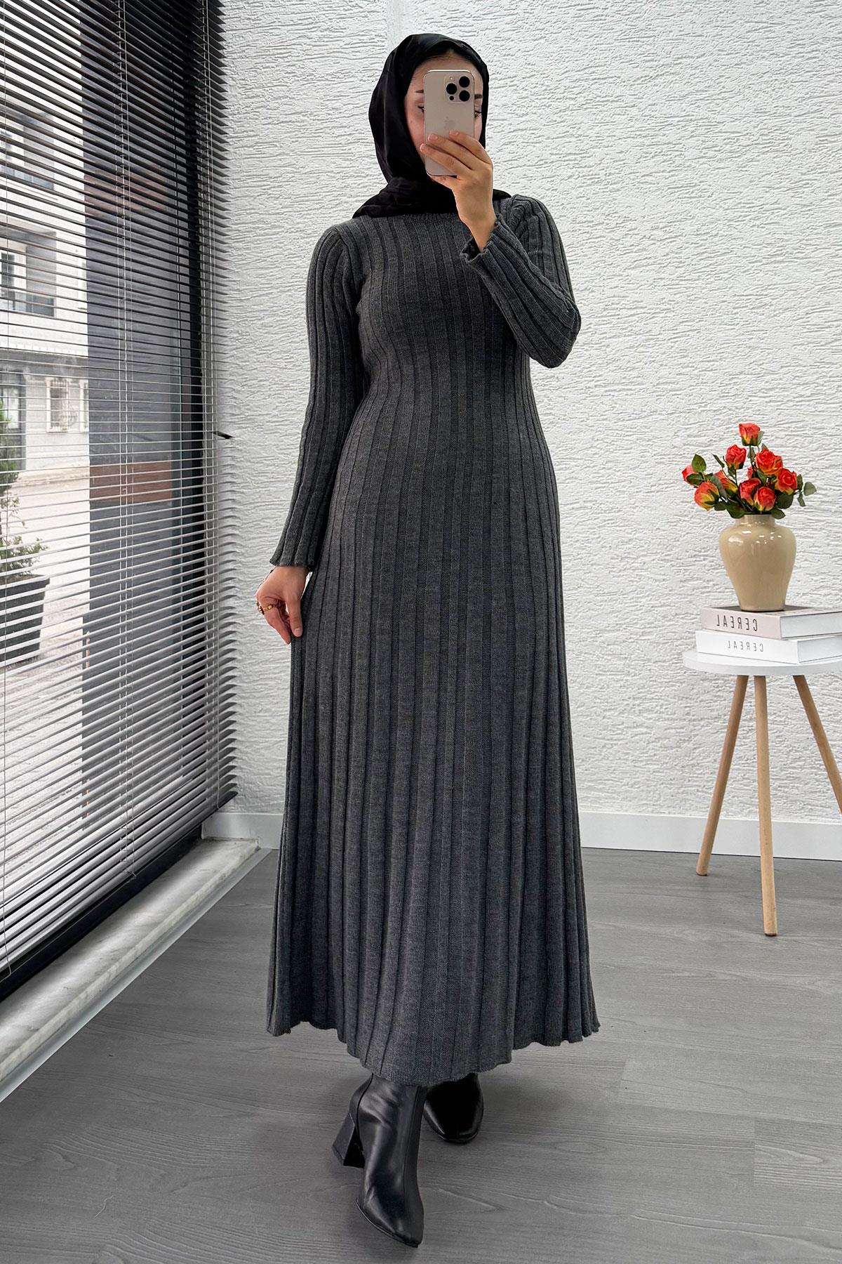 Volan Kesim Fitilli Triko Elbise - Gri