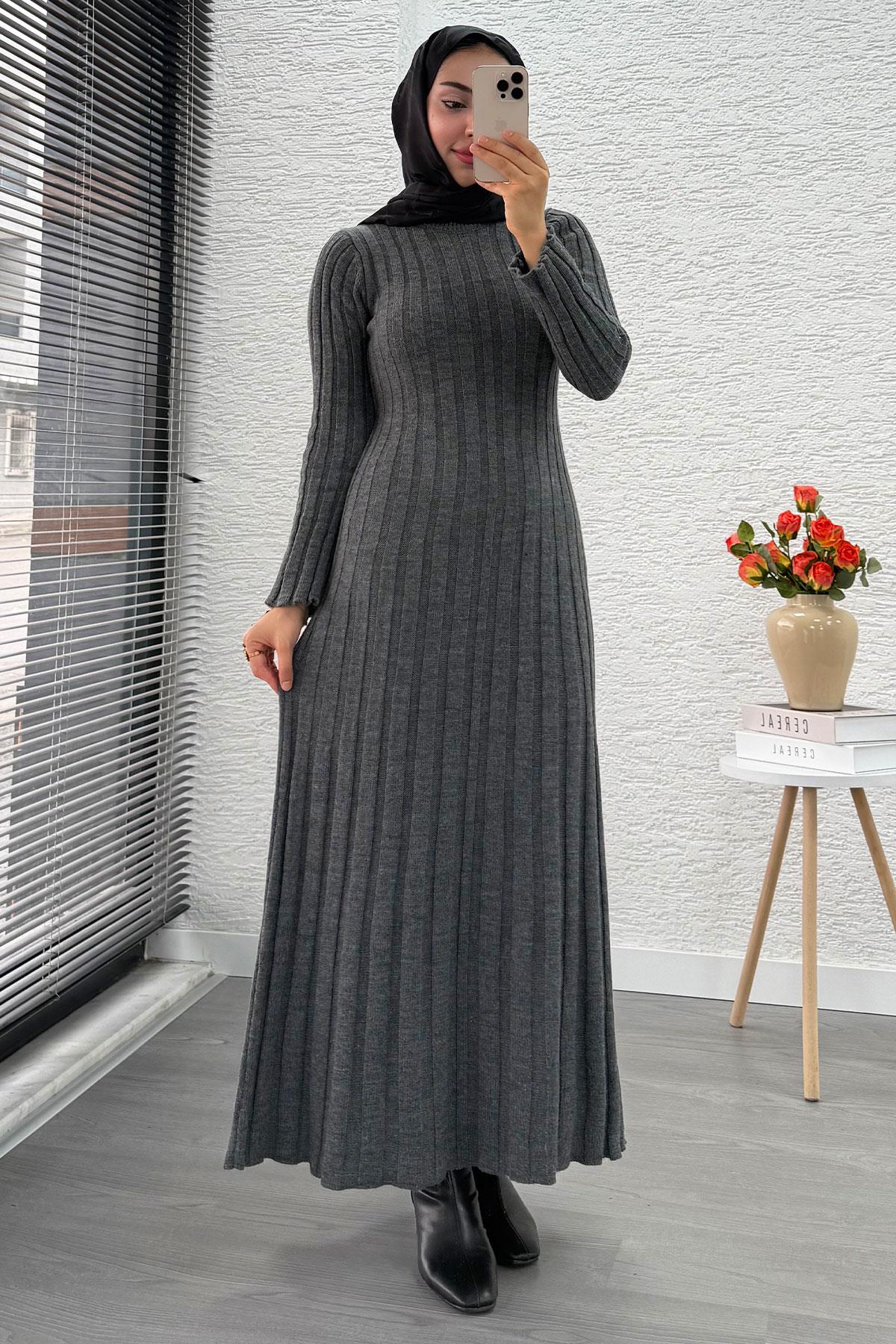 Volan Kesim Fitilli Triko Elbise - Gri