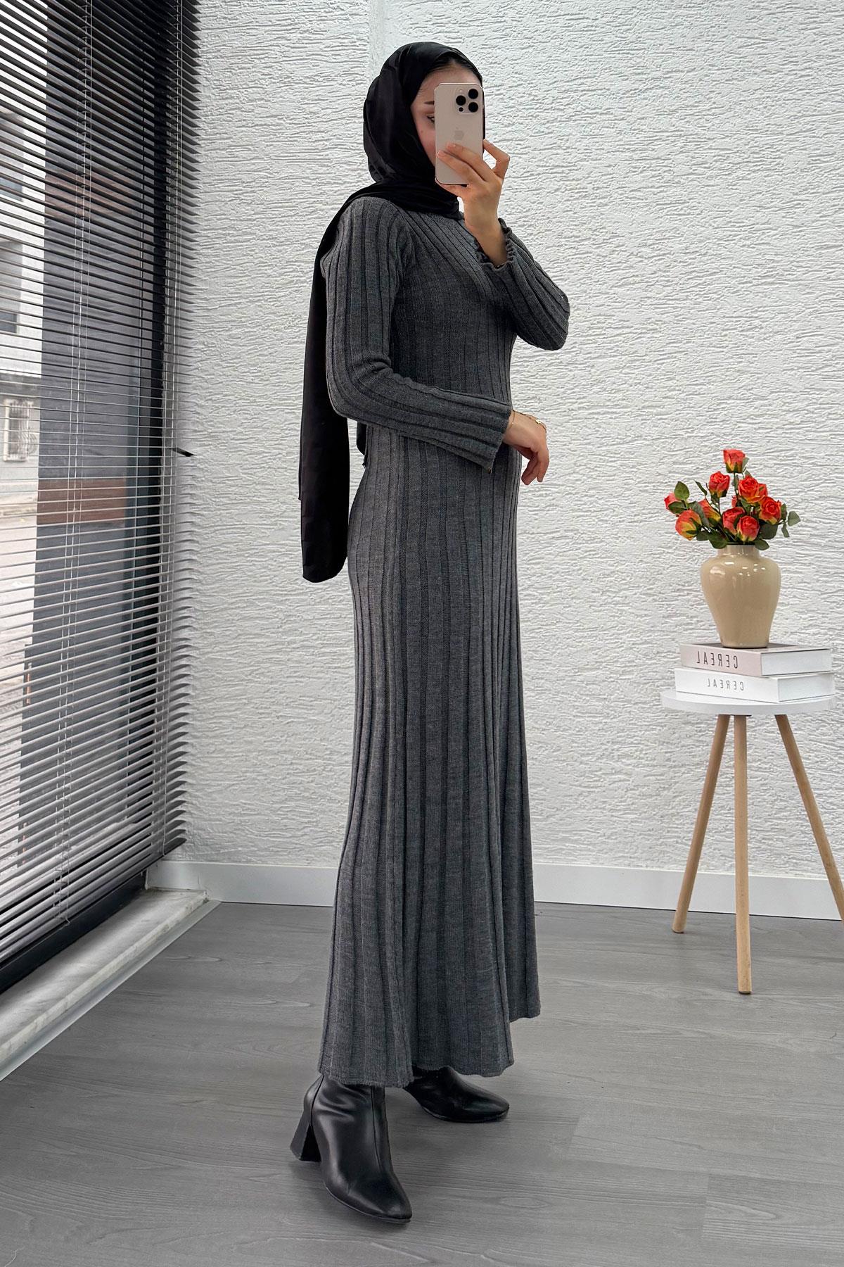 Volan Kesim Fitilli Triko Elbise - Gri