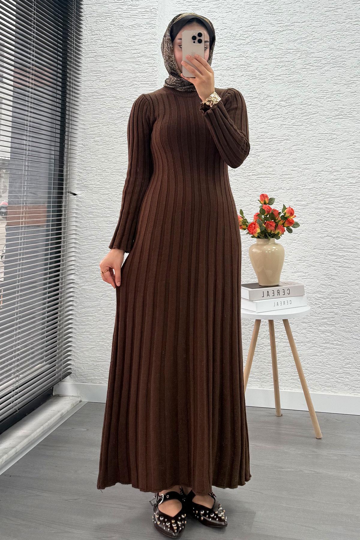 Volan Kesim Fitilli Triko Elbise - Kahverengi