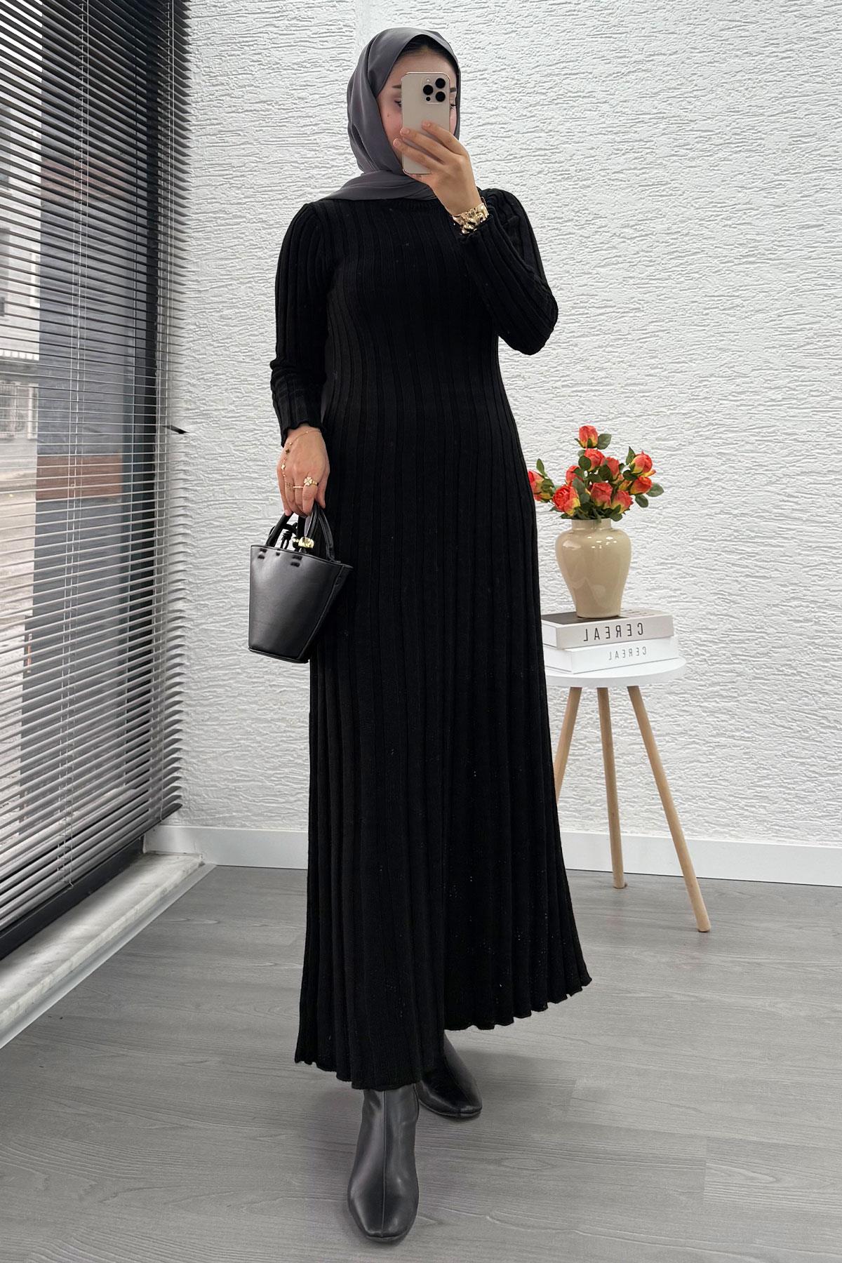 Volan Kesim Fitilli Triko Elbise - Siyah