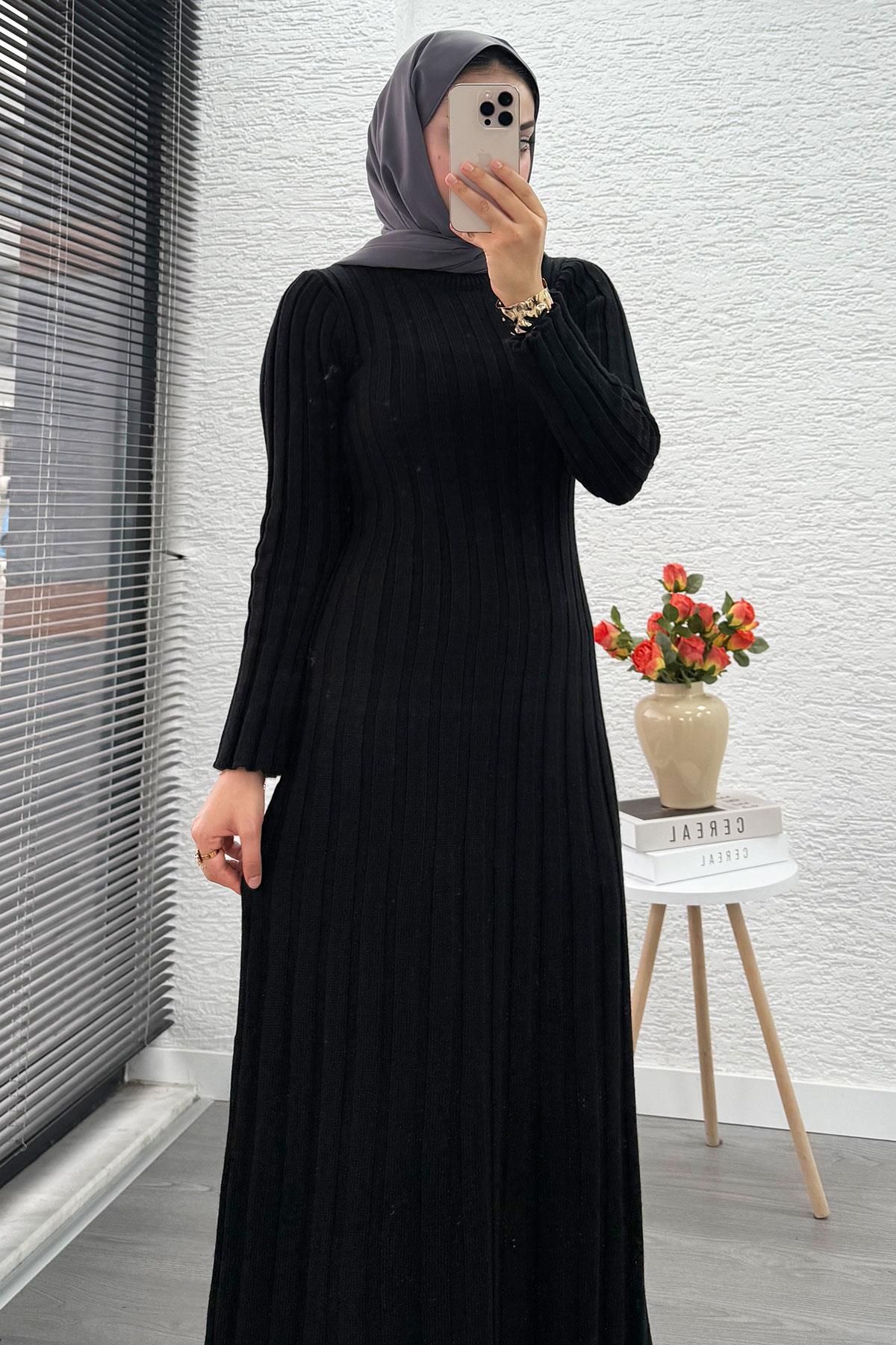 Volan Kesim Fitilli Triko Elbise - Siyah