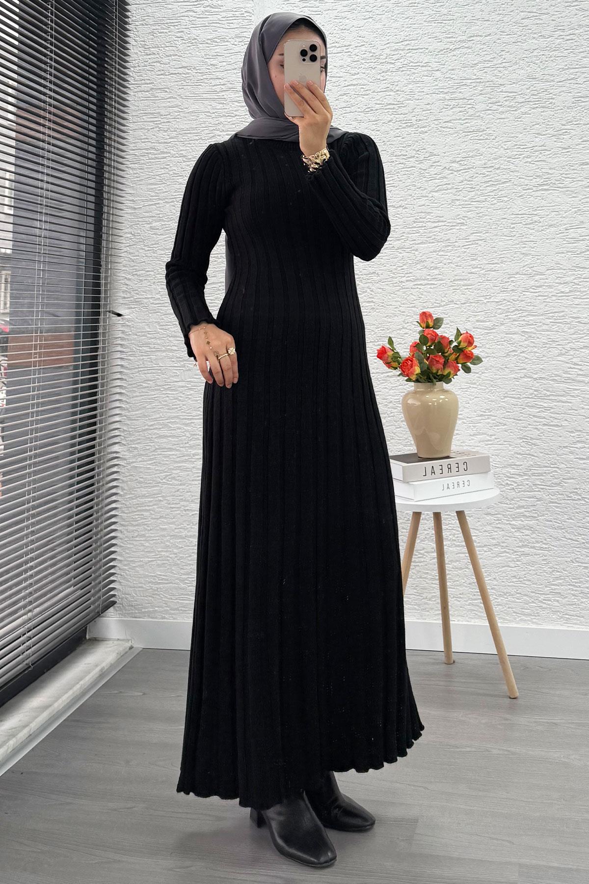 Volan Kesim Fitilli Triko Elbise - Siyah