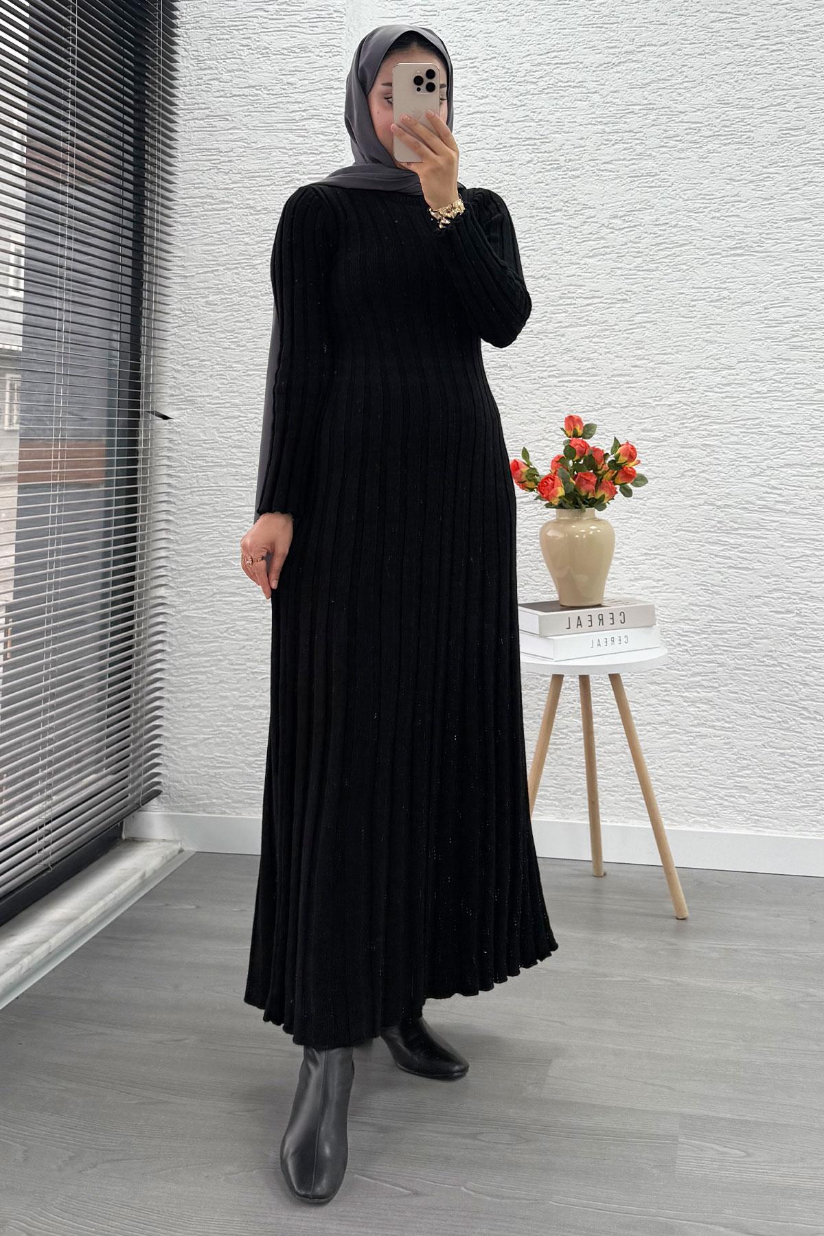 Volan Kesim Fitilli Triko Elbise - Siyah