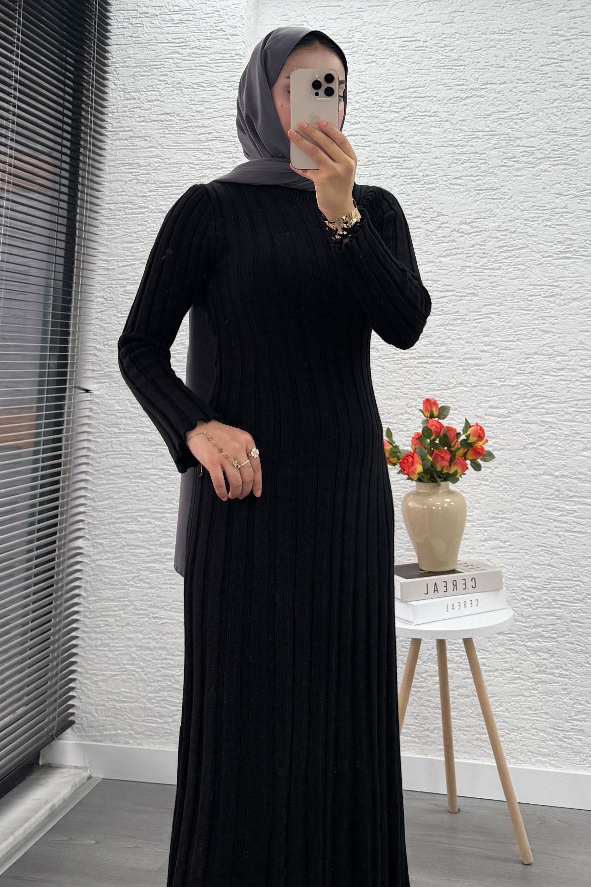 Volan Kesim Fitilli Triko Elbise - Siyah