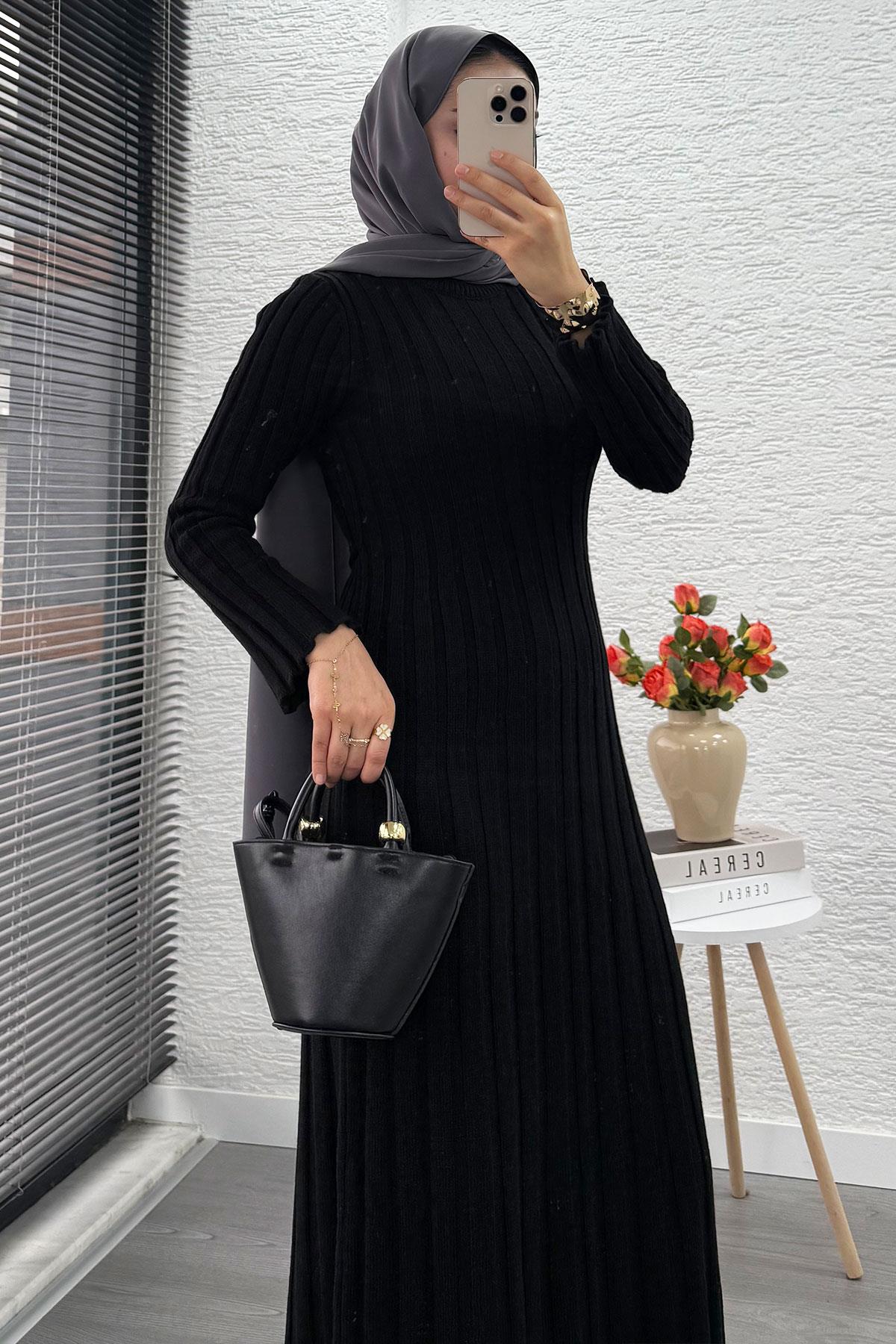 Volan Kesim Fitilli Triko Elbise - Siyah