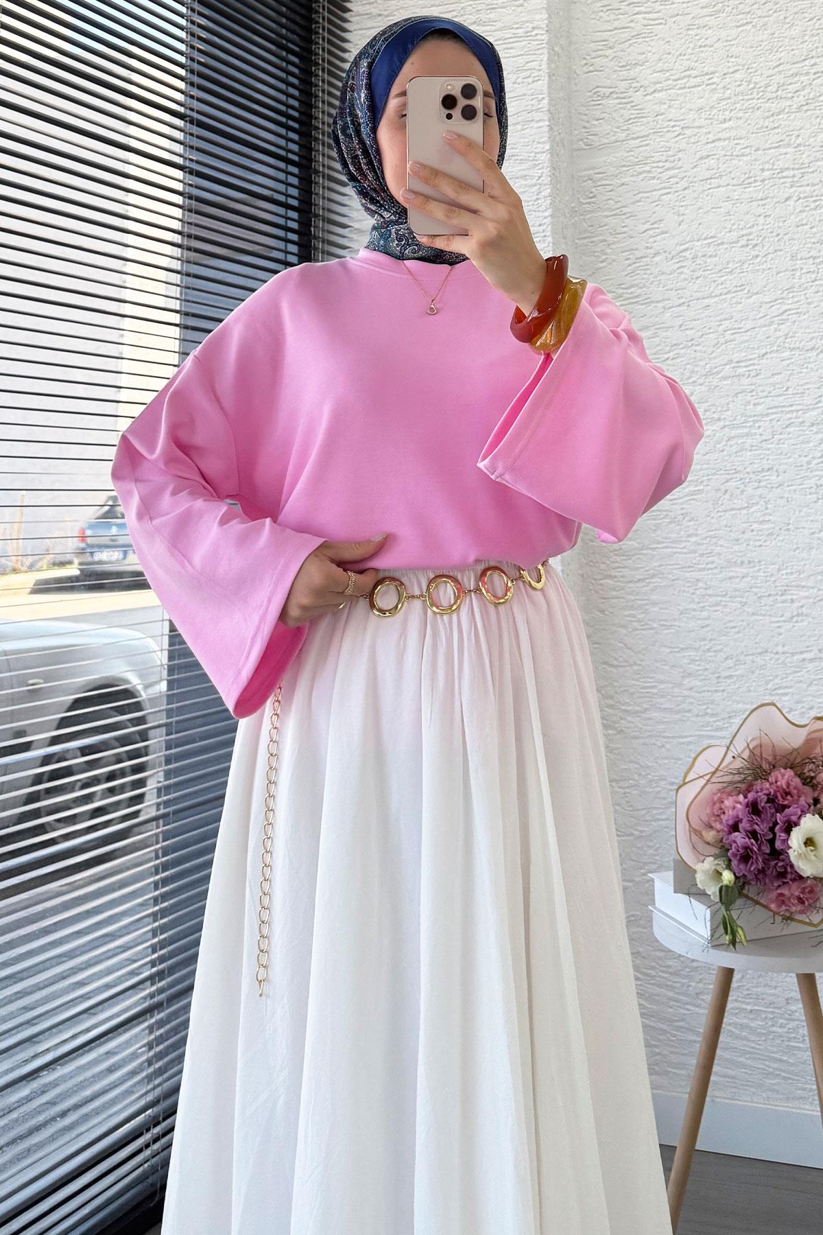 Volan Kol Basic Bluz - Pembe