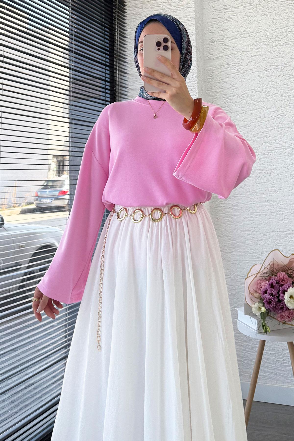 Volan Kol Basic Bluz - Pembe