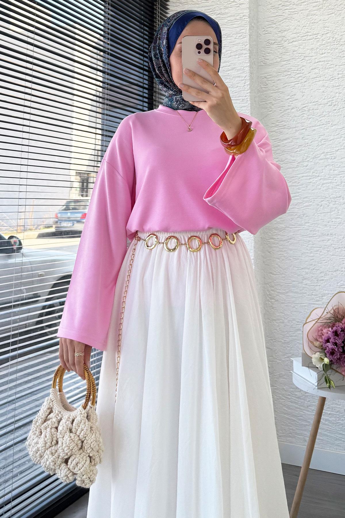 Volan Kol Basic Bluz - Pembe