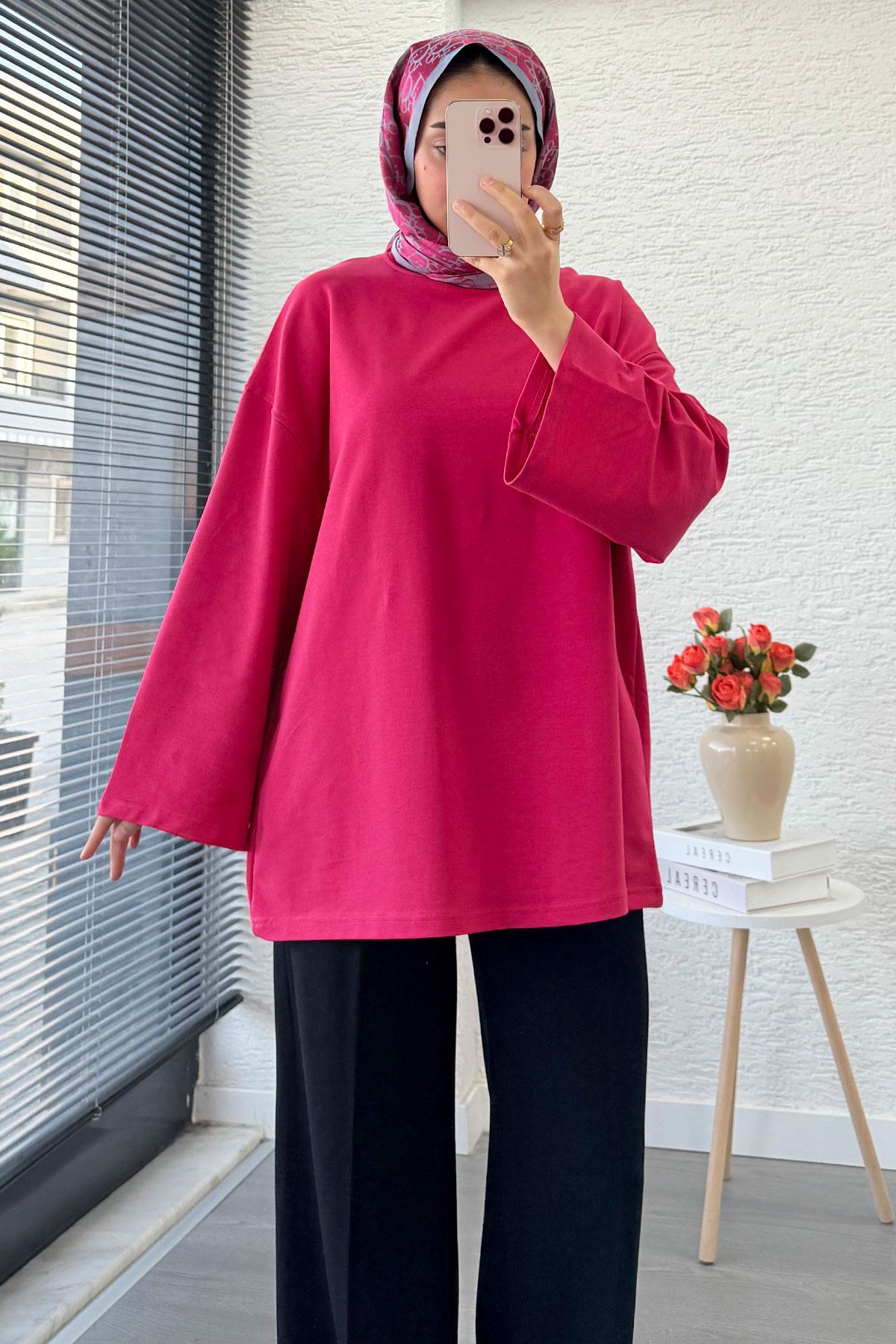 Volan Kol Basic Oversize Tunik – Fuşya