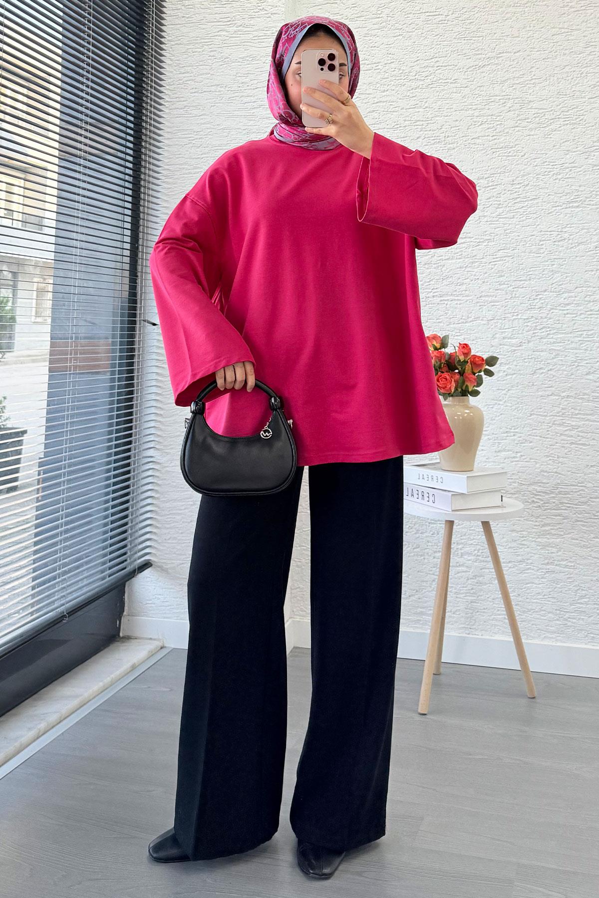Volan Kol Basic Oversize Tunik – Fuşya