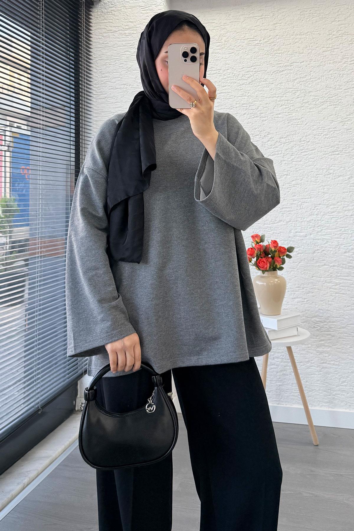 Volan Kol Basic Oversize Tunik – Gri