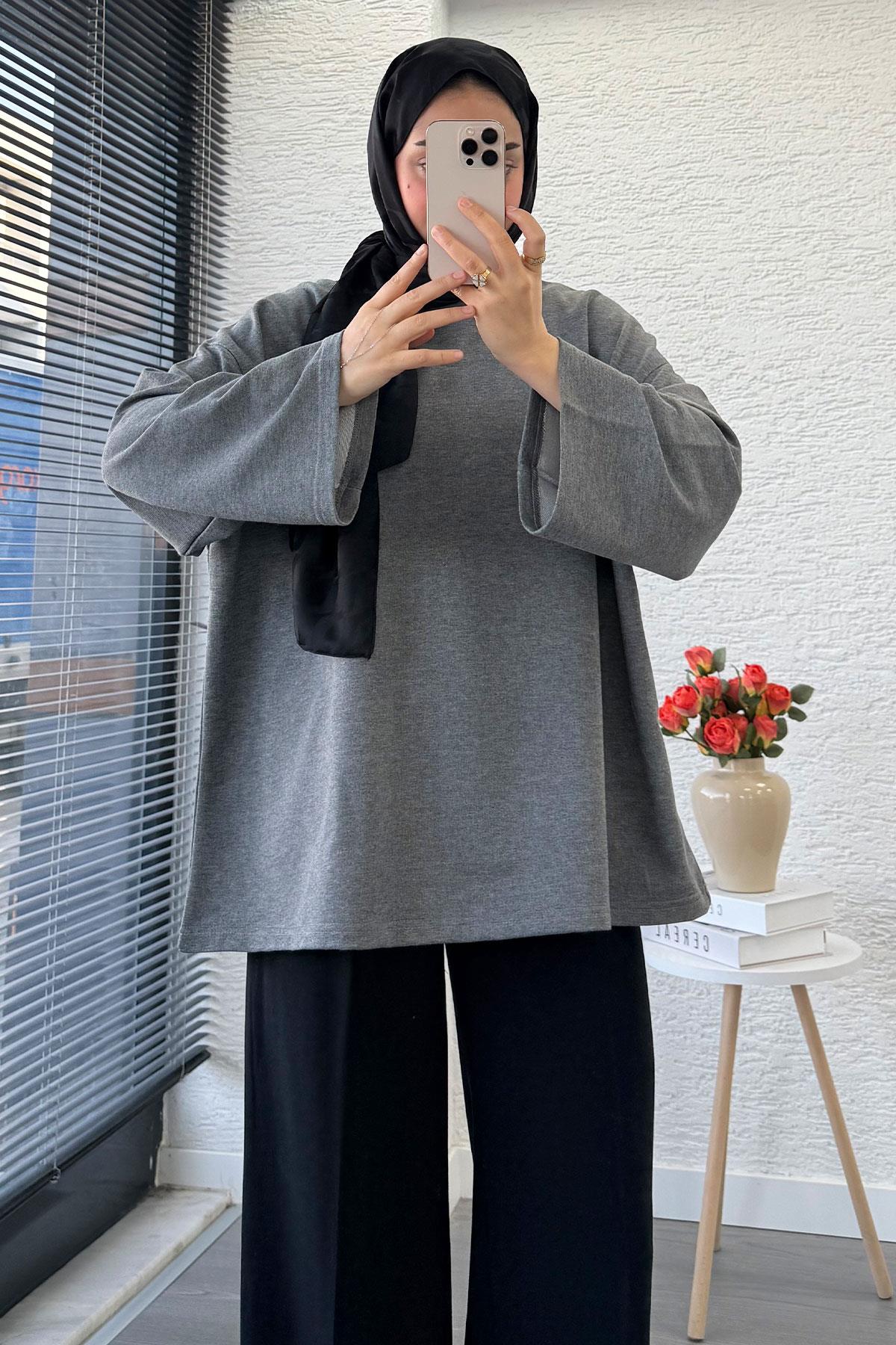 Volan Kol Basic Oversize Tunik – Gri