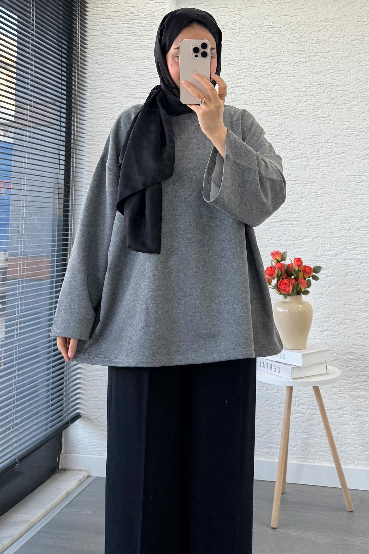 Volan Kol Basic Oversize Tunik – Gri