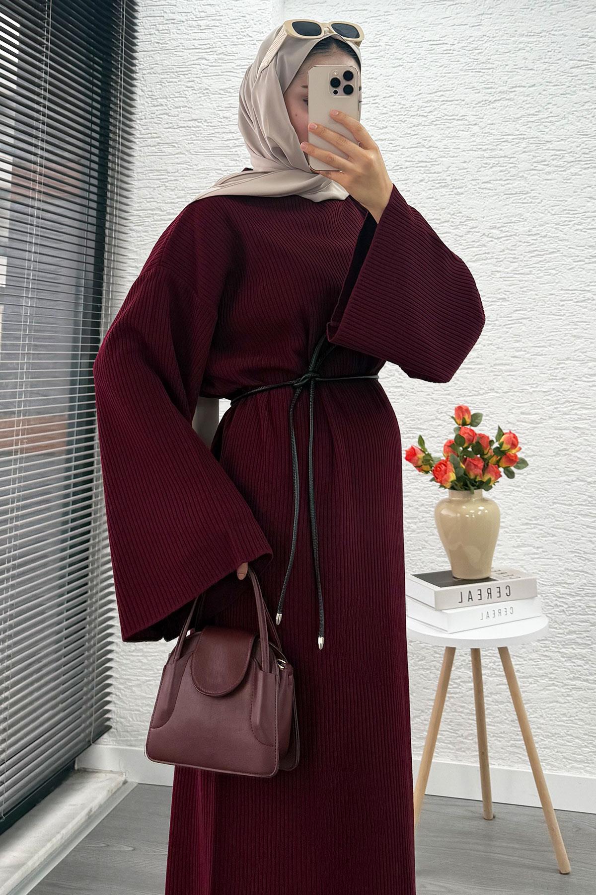 Volan Kol Fitilli Triko Elbise – Bordo